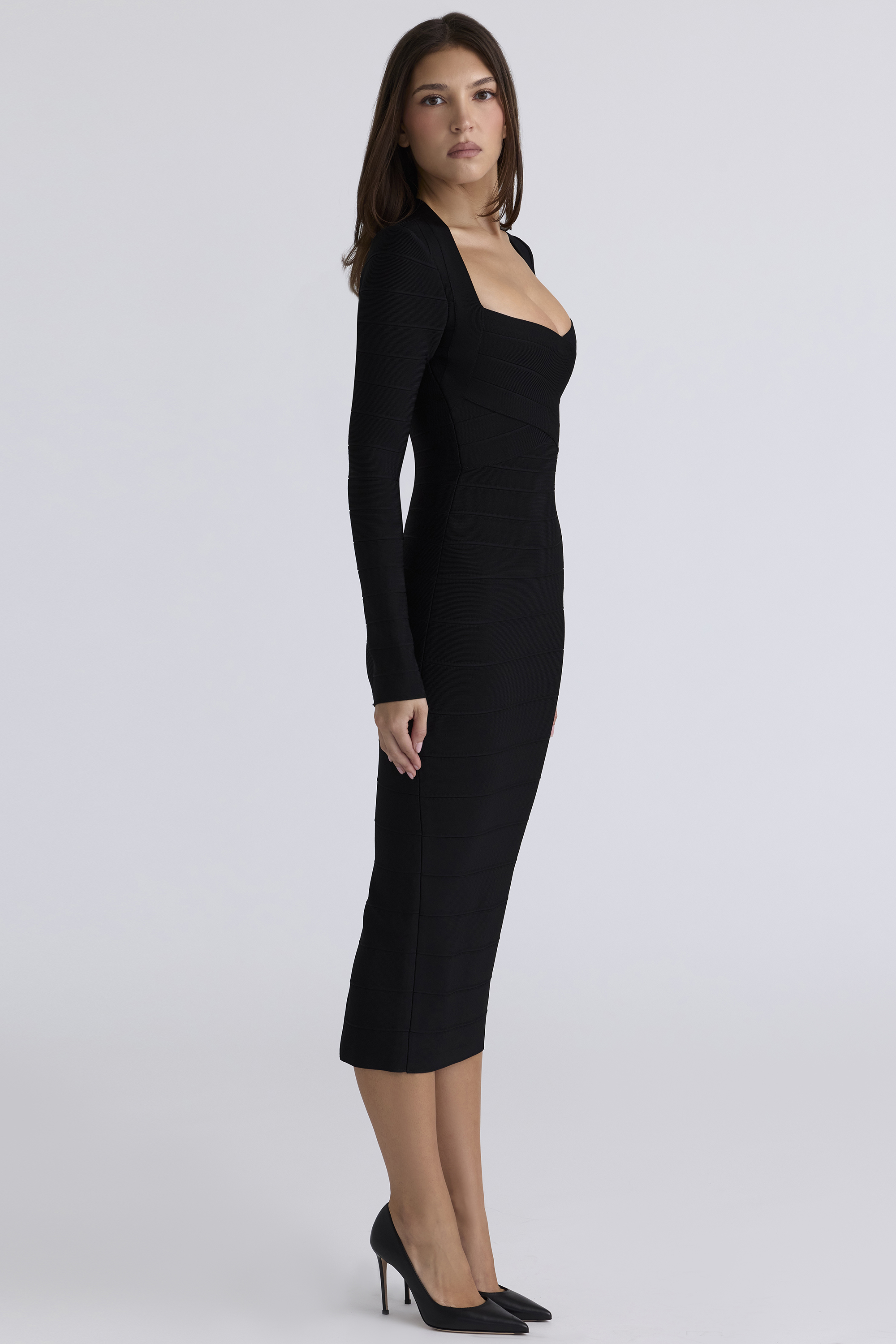 The Naomi Black Long Sleeve Bandage Midi Dress - luluinthesky