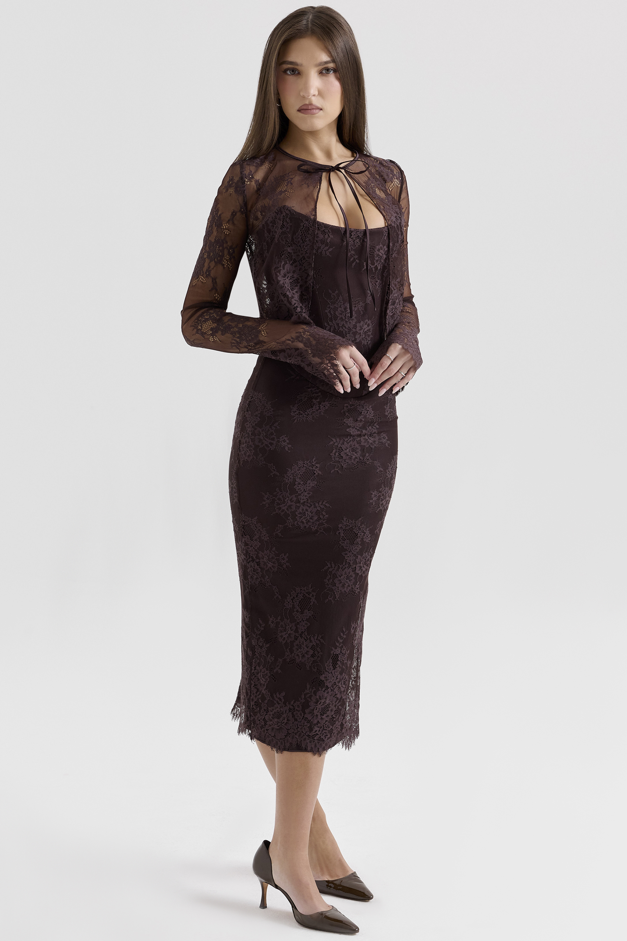 Larra Bitter Chocolate Lace Corset Midi Dress & Bolero - luluinthesky