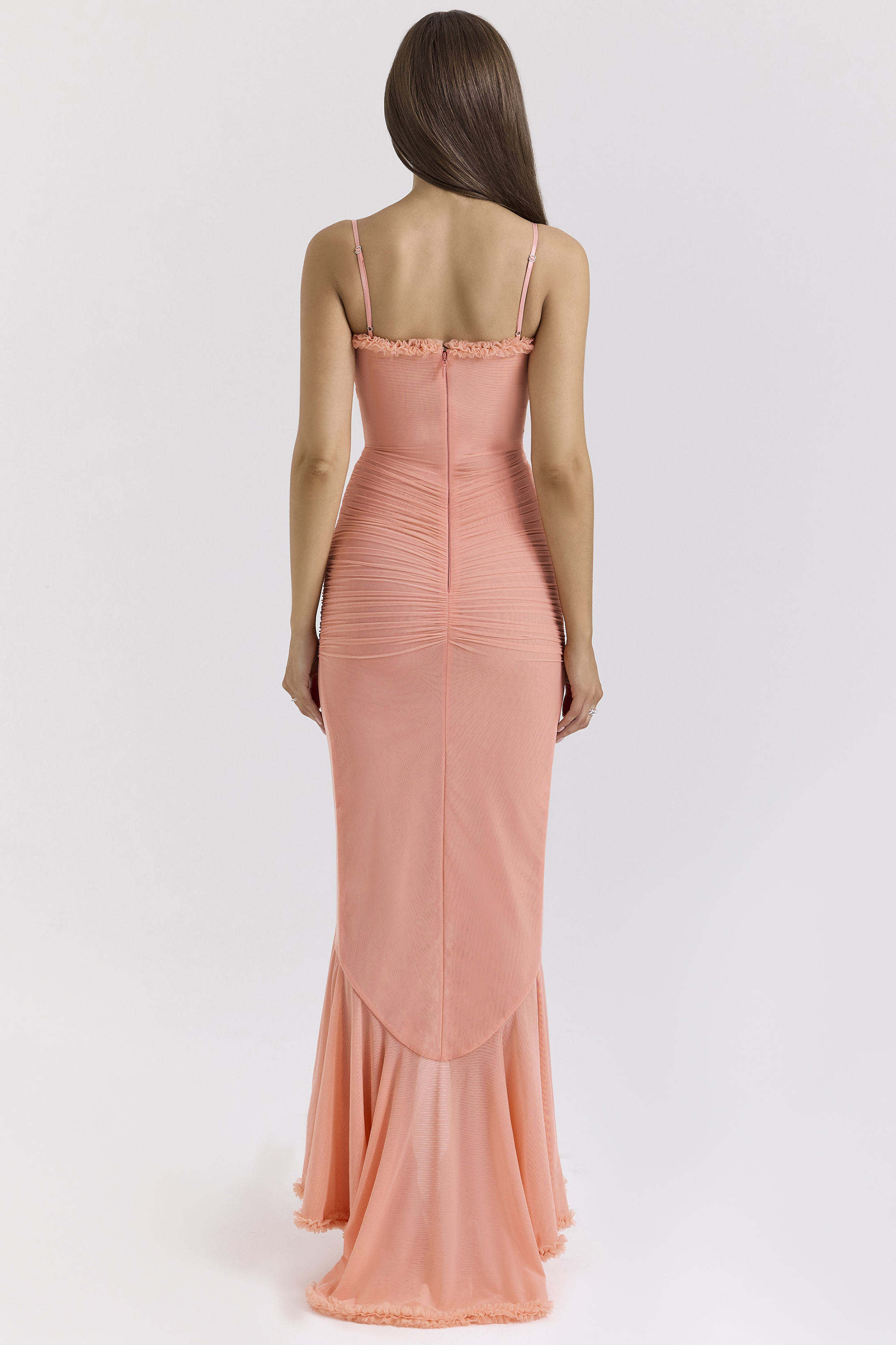 Gabbi Peach Mesh Ruffled Front Gown - luluinthesky