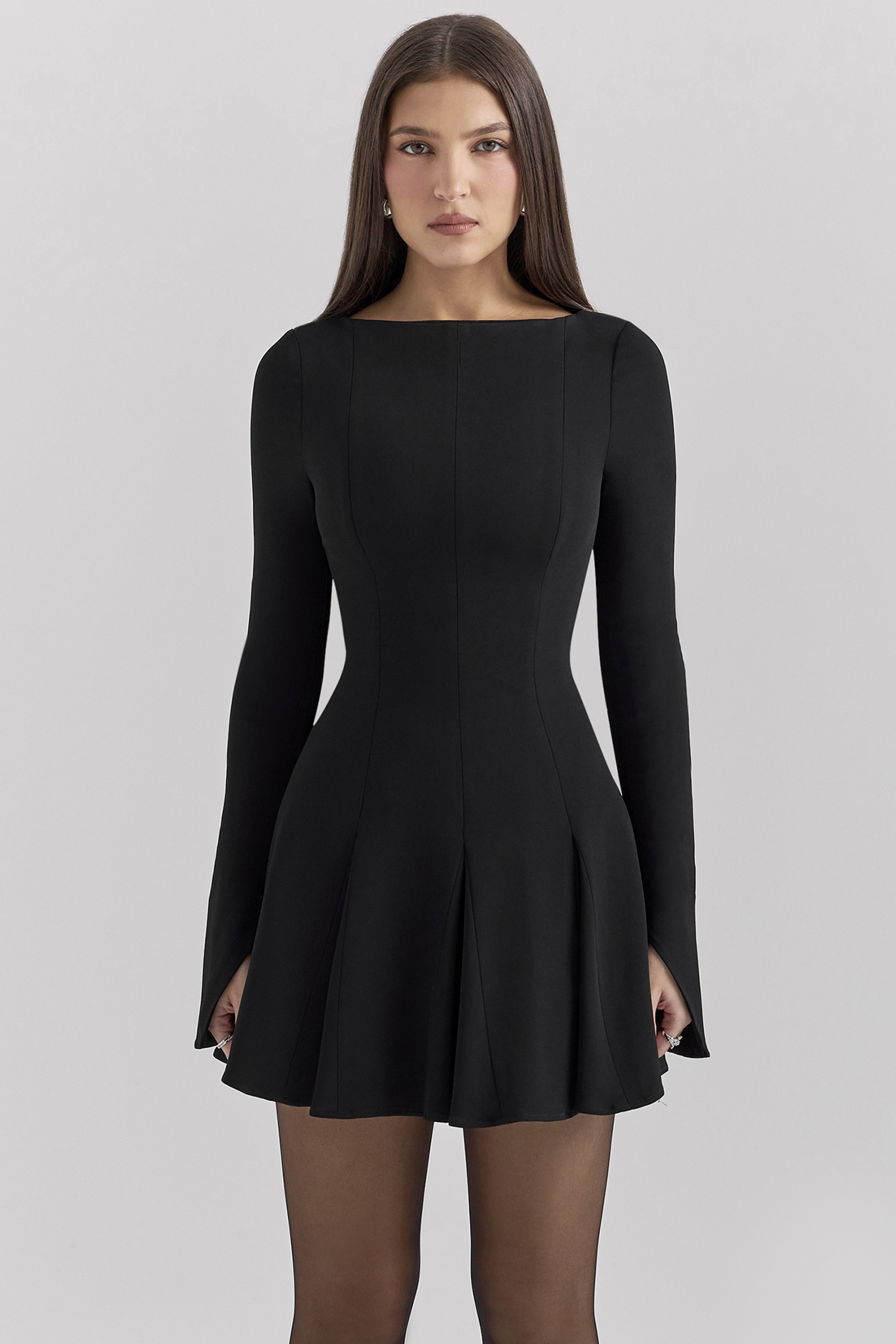 Francesca Black Stretch Crepe Godet Mini Dress - luluinthesky
