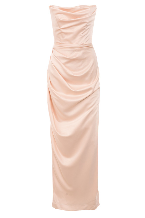 Adrienne Champagne Satin Strapless Gown - luluinthesky