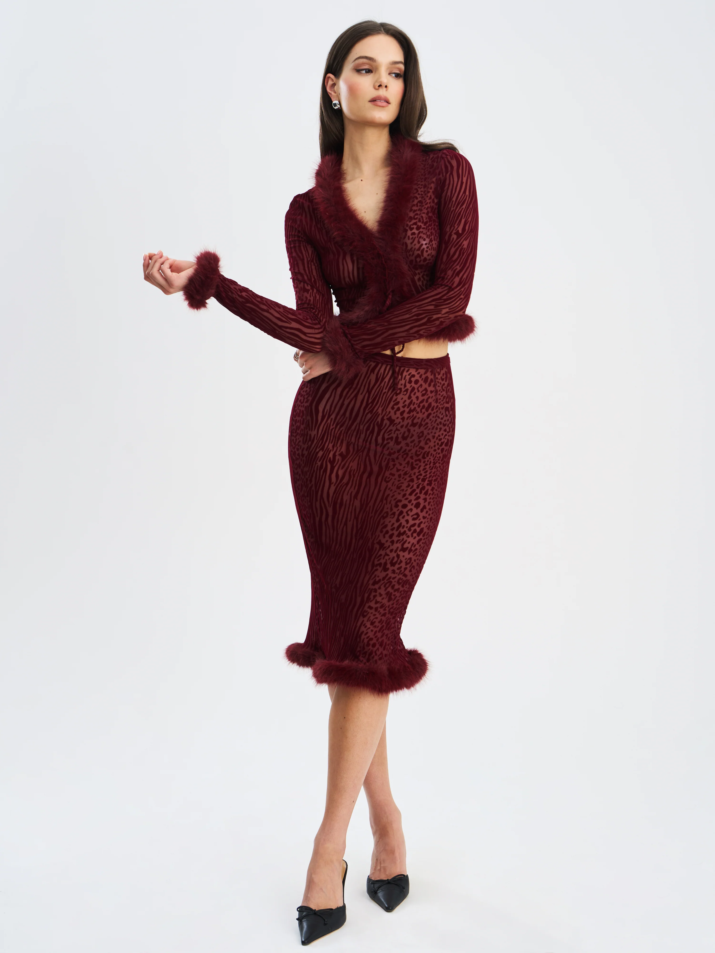 Halia Burgundy Animal Print Burnout Velvet Fur Trim Skirt - luluinthesky