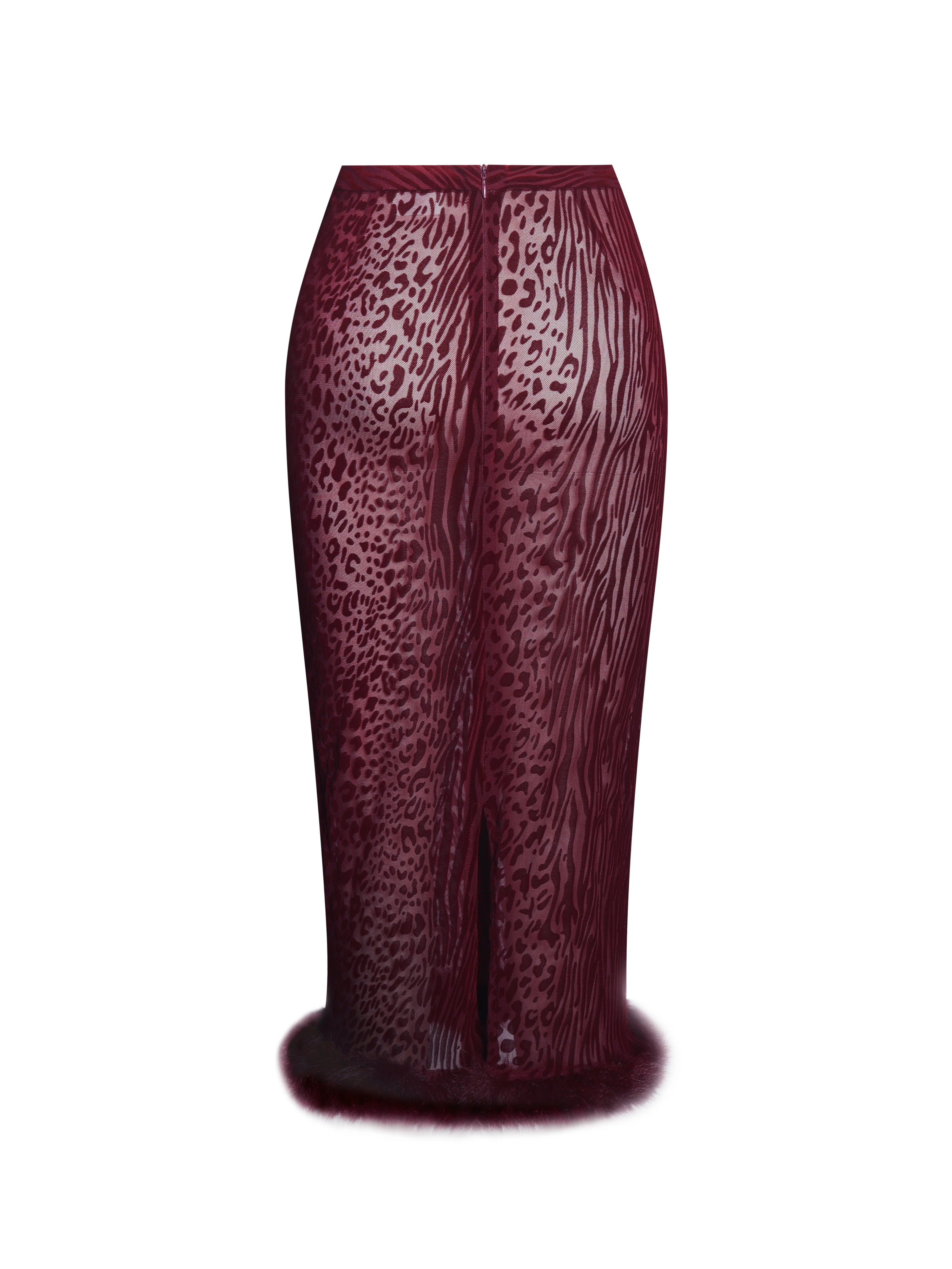 Halia Burgundy Animal Print Burnout Velvet Fur Trim Skirt - luluinthesky
