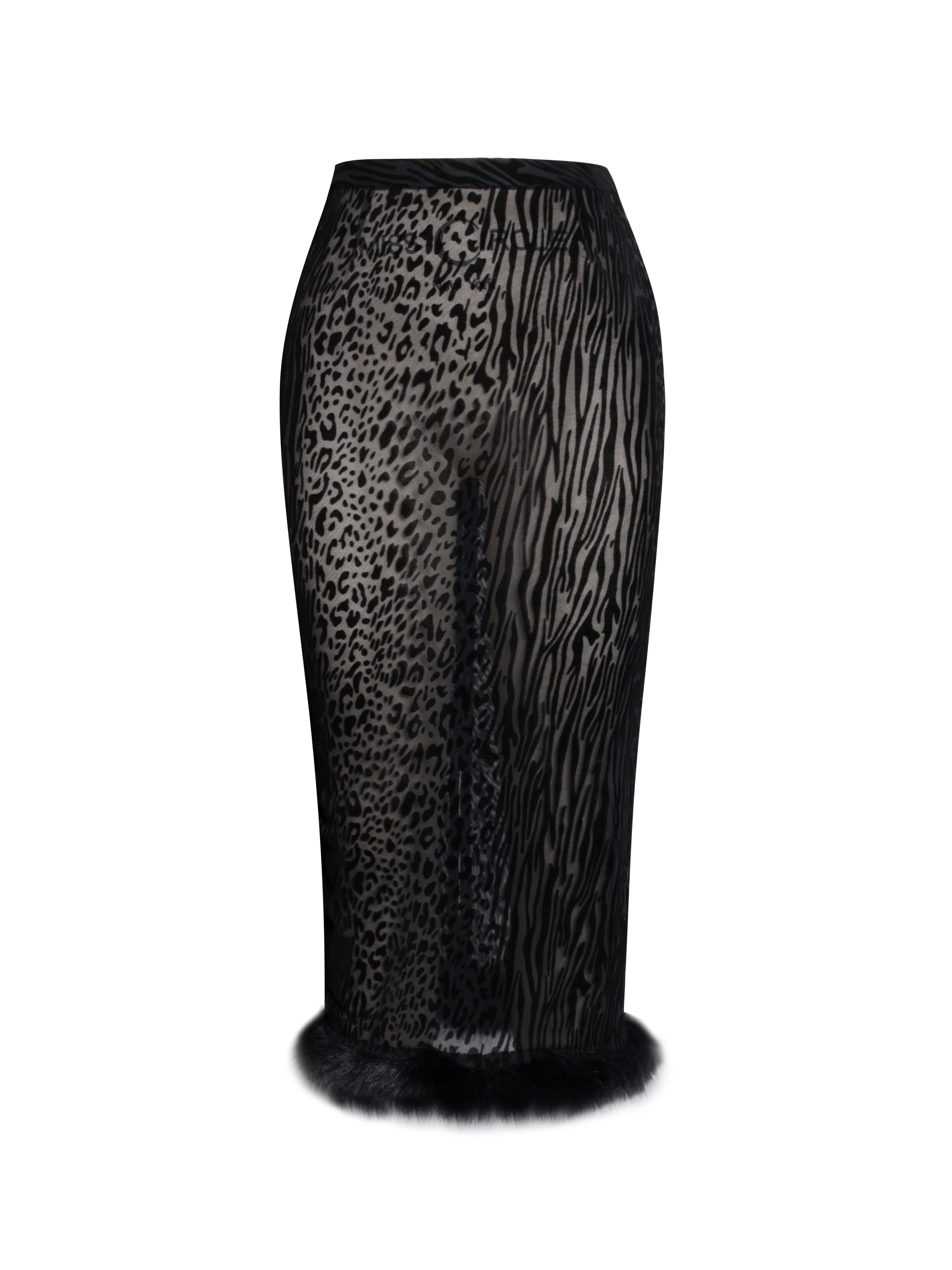 Halia Black Animal Print Burnout Velvet Fur Trim Skirt - luluinthesky