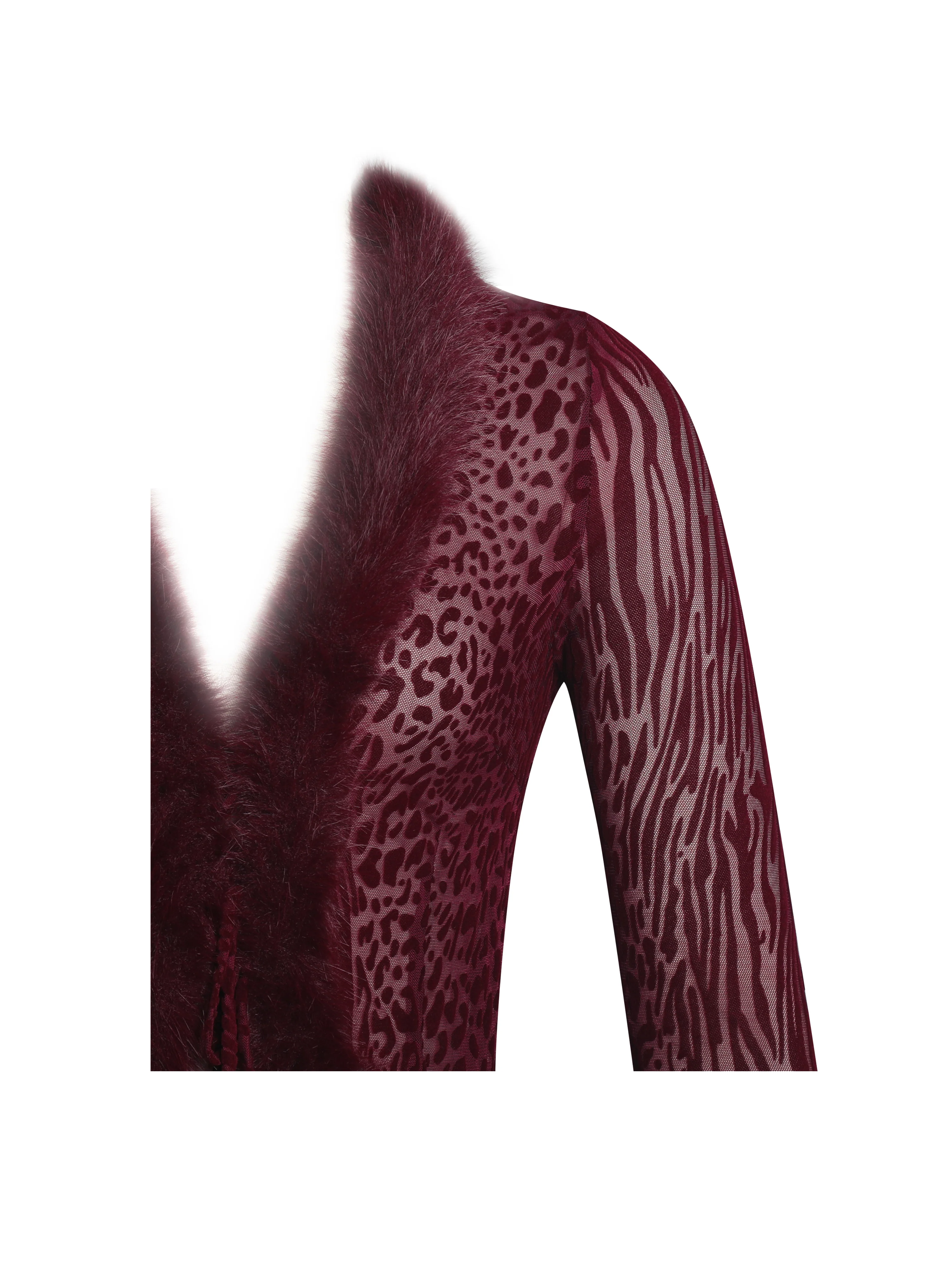 Hali Burgundy Animal Print Burnout Velvet Fur Trim Top - luluinthesky
