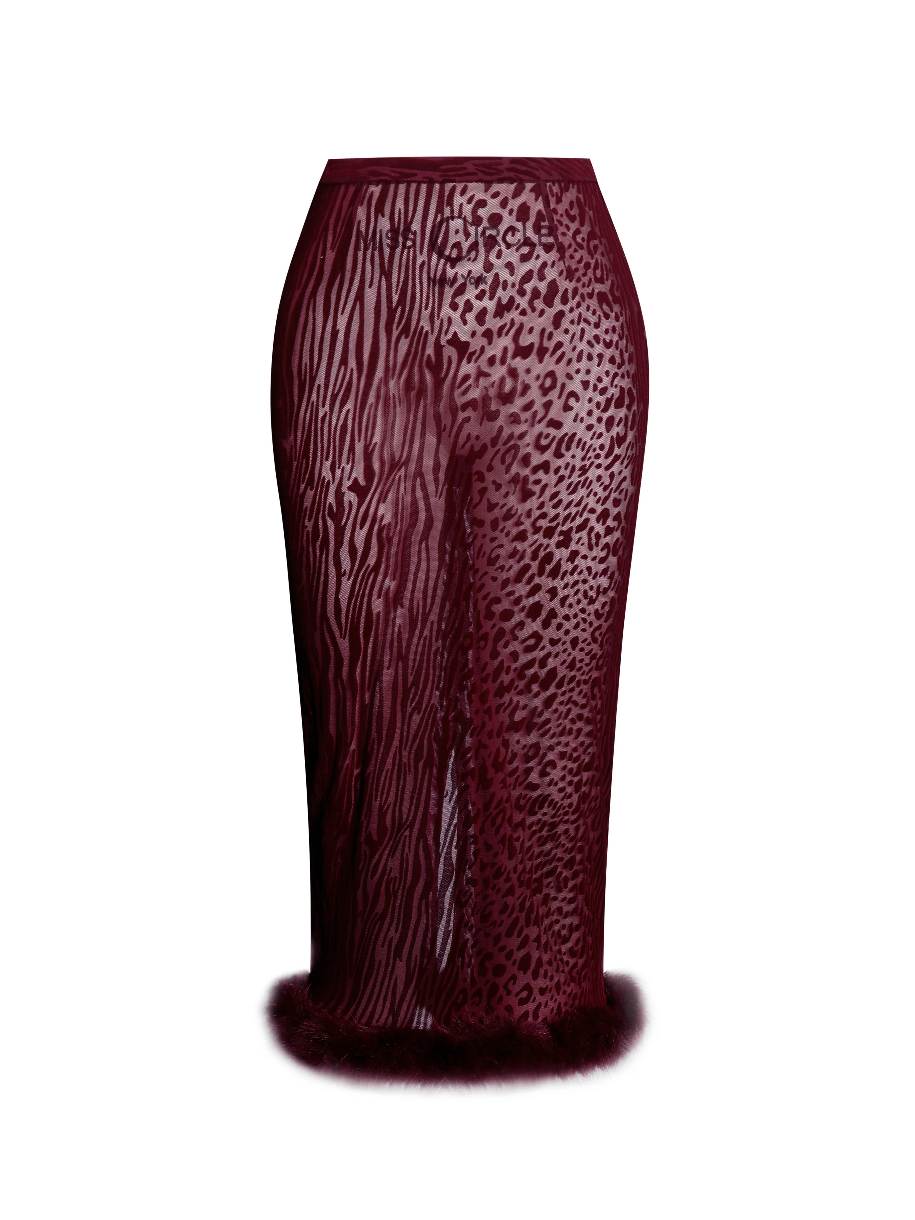 Halia Burgundy Animal Print Burnout Velvet Fur Trim Skirt - luluinthesky