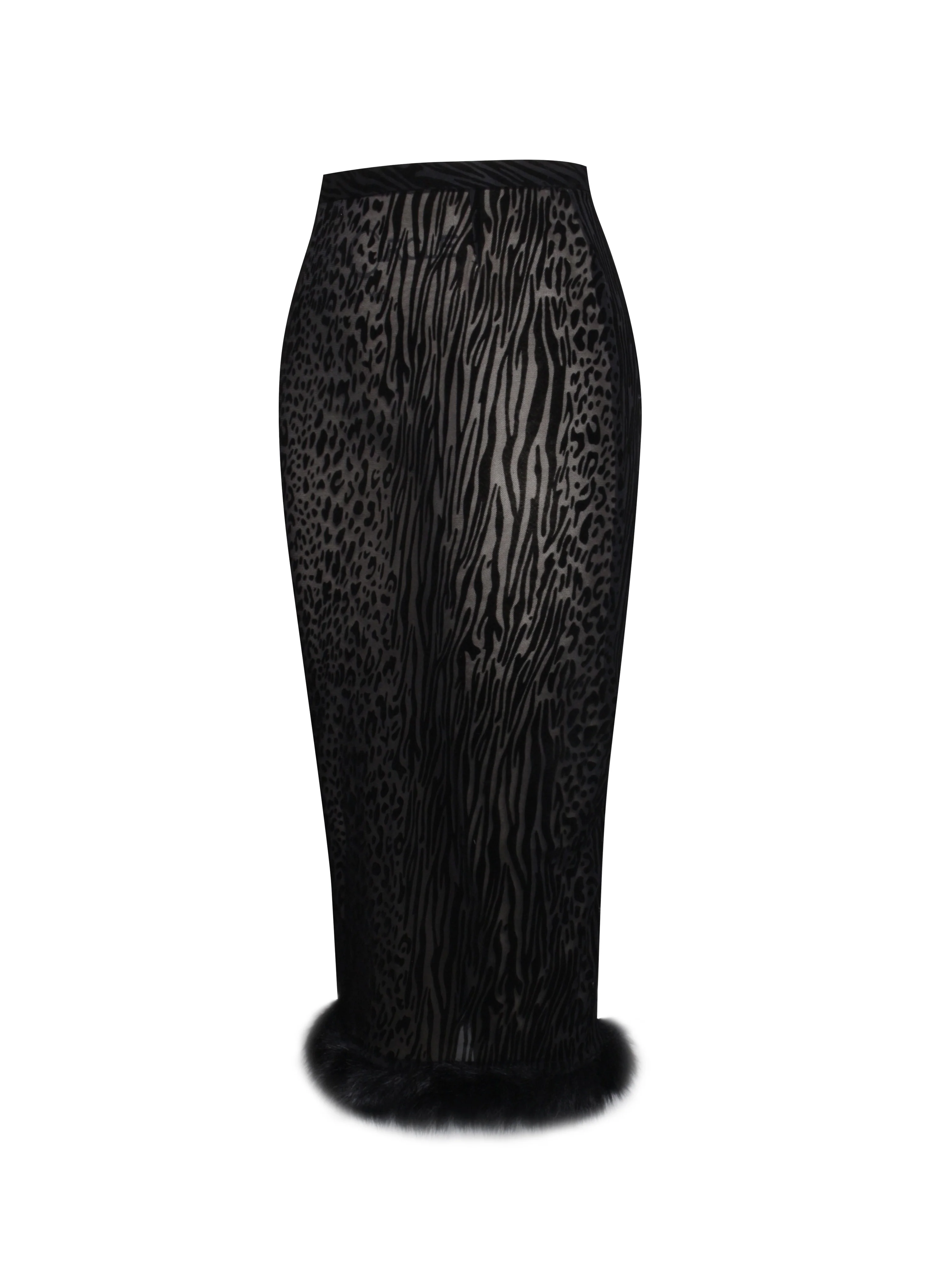 Halia Black Animal Print Burnout Velvet Fur Trim Skirt - luluinthesky