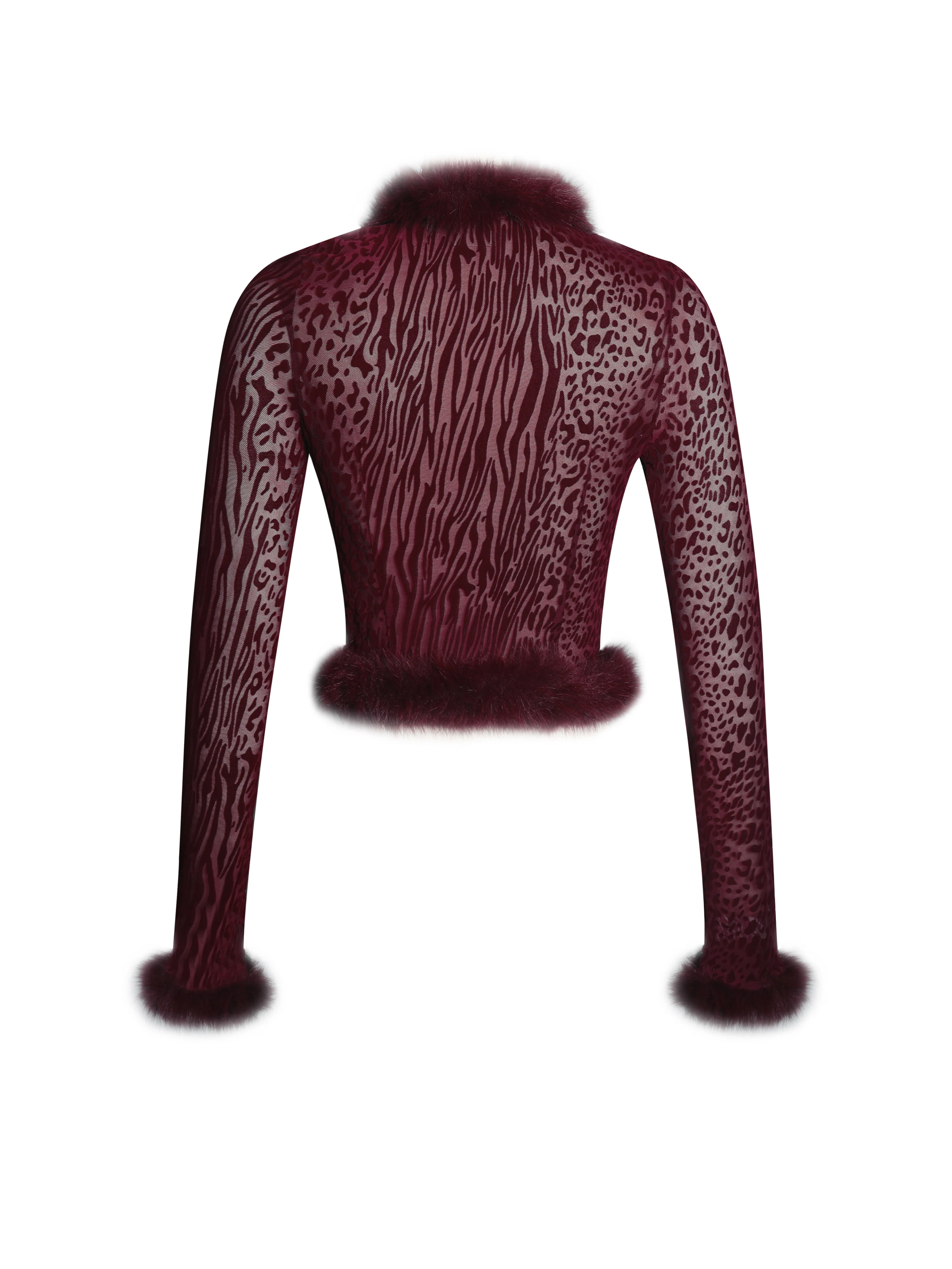 Hali Burgundy Animal Print Burnout Velvet Fur Trim Top - luluinthesky