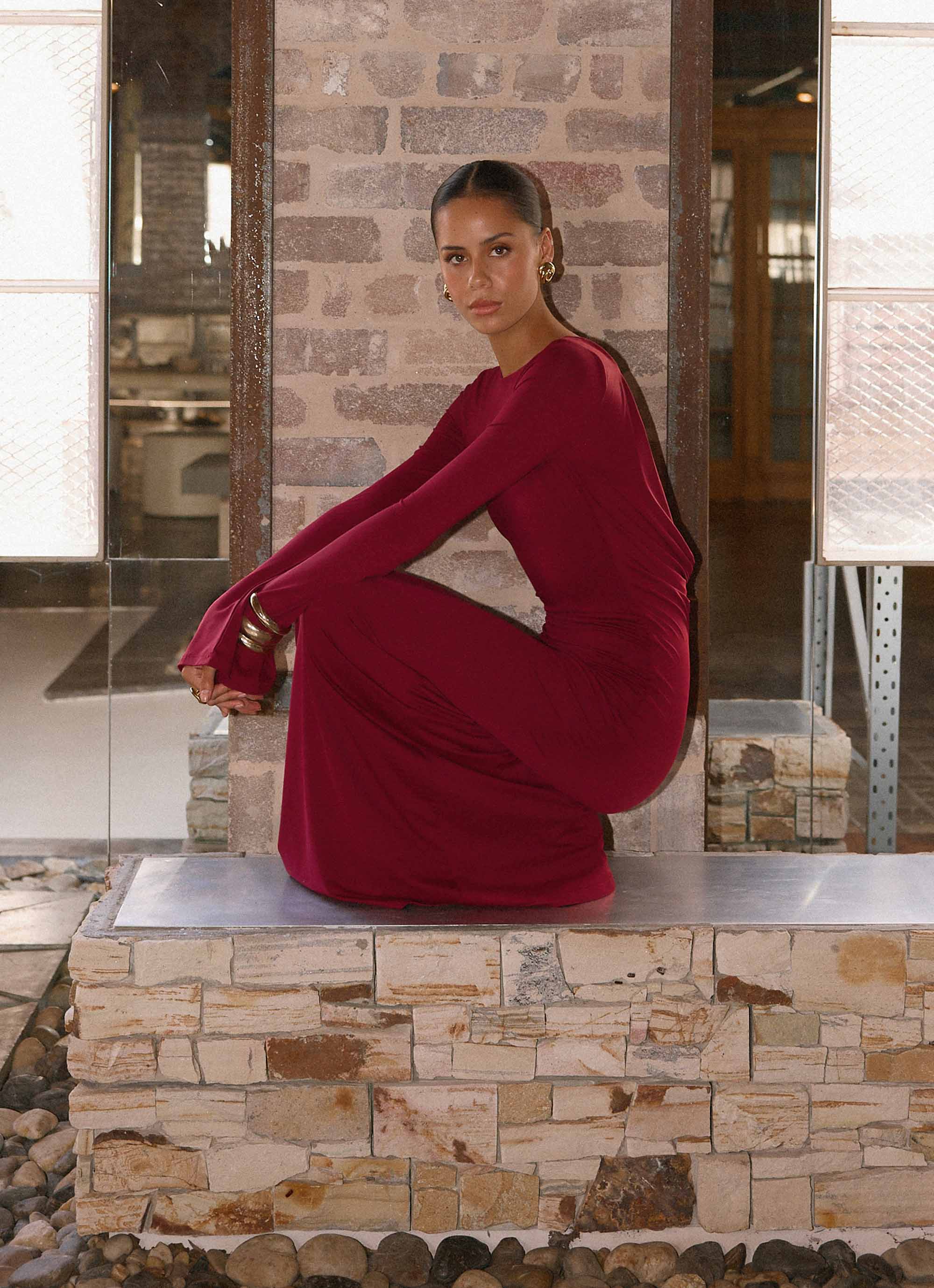 Elmont Long Sleeve Maxi Dress - Dark Cherry - luluinthesky