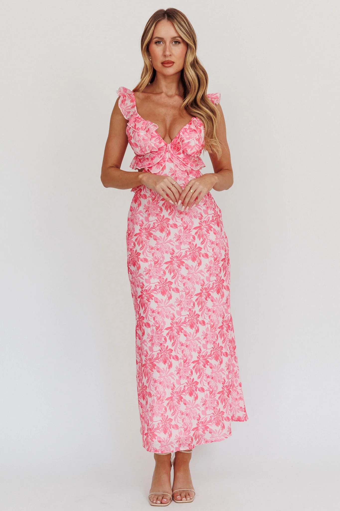 Second Chances Ruffle Trim Maxi Dress Floral Pink - luluinthesky