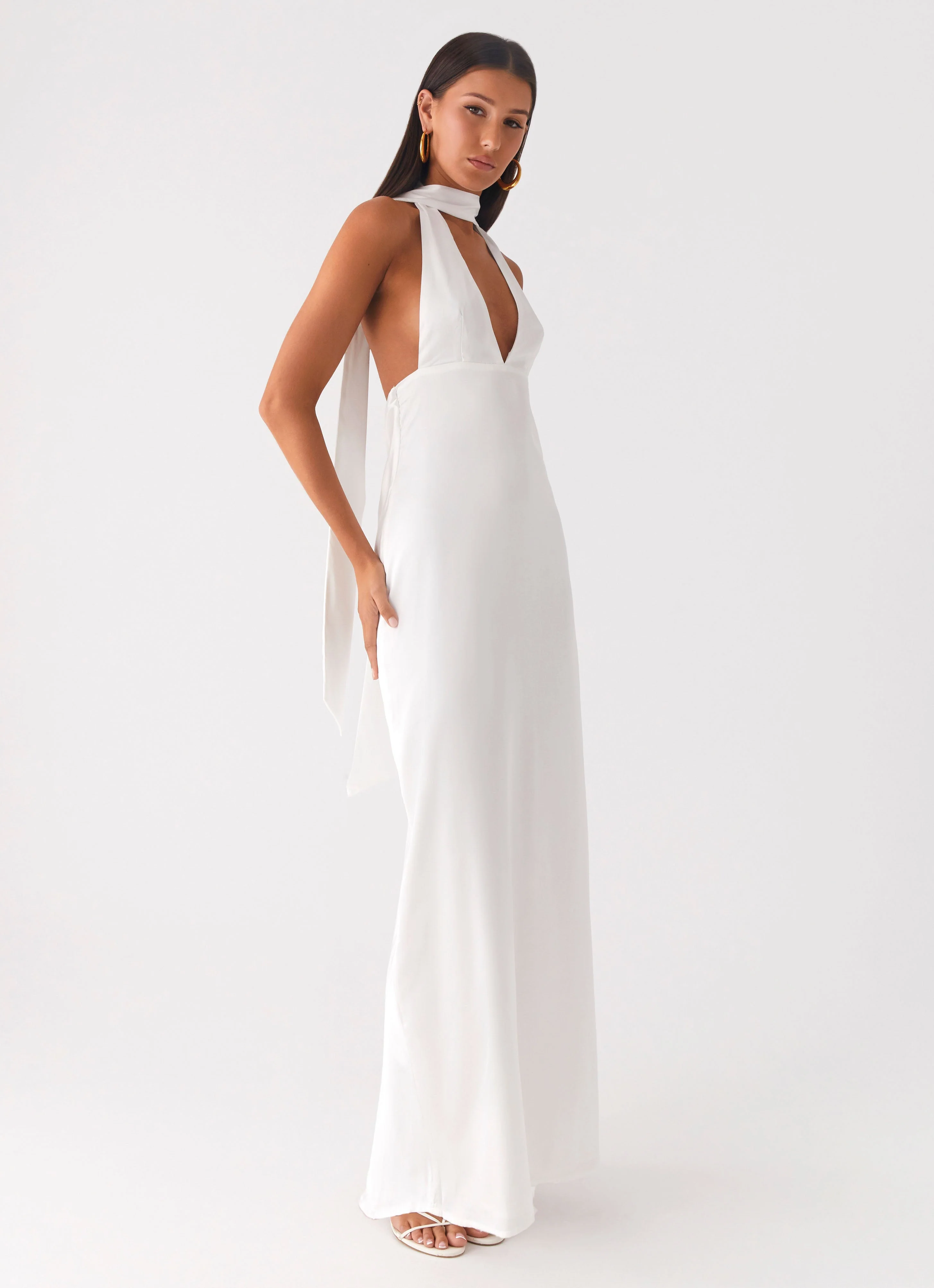 Alicia Satin Halter Maxi Dress - White - luluinthesky