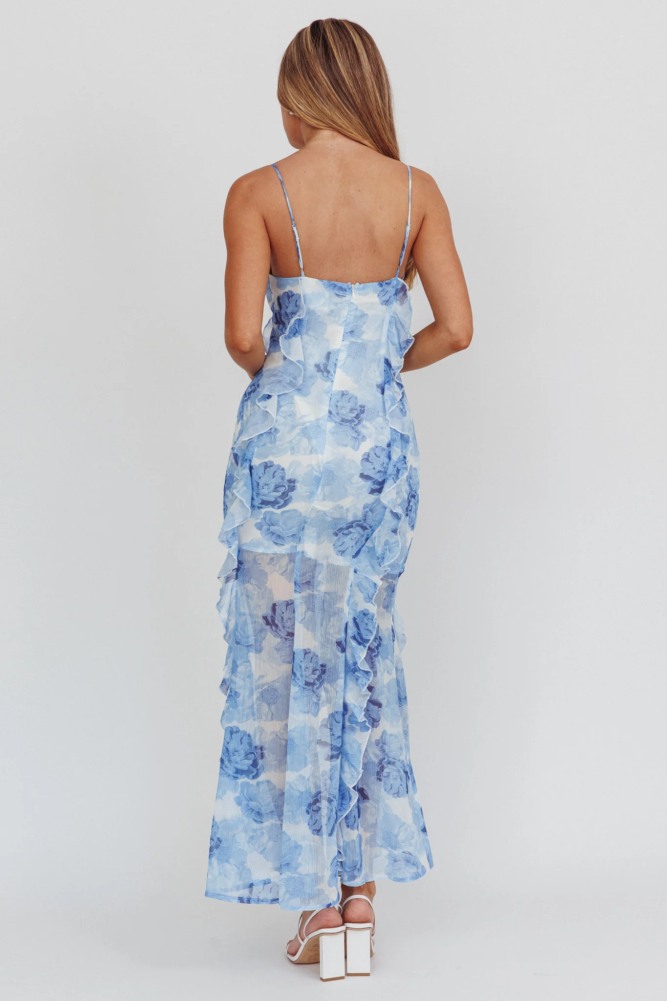 Frannie Vertical Ruffle Maxi Dress Floral Blue - luluinthesky