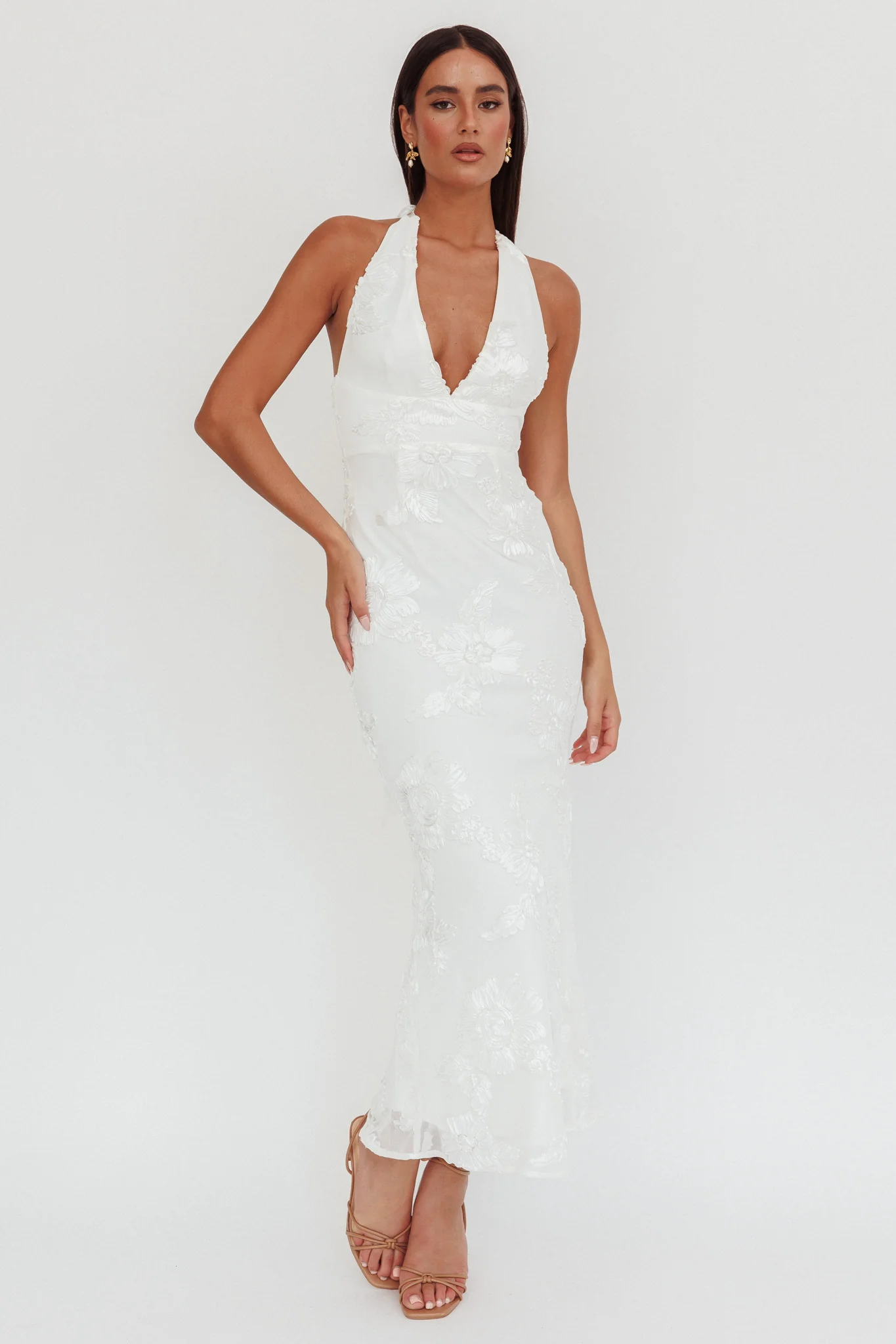 Cipriana Backless Halter Maxi Dress Embellished White - luluinthesky