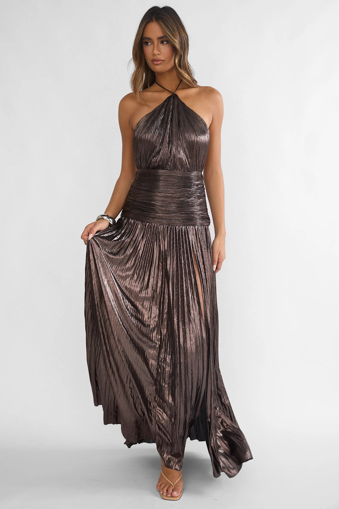 Ahmara Drop Waist Accordion Pleat Maxi Dress Gunmetal - luluinthesky