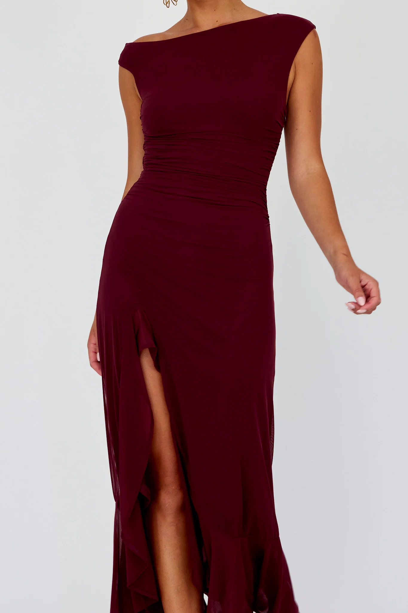 Moonlit Magic Asymmetric Neckline Maxi Dress Wine - luluinthesky