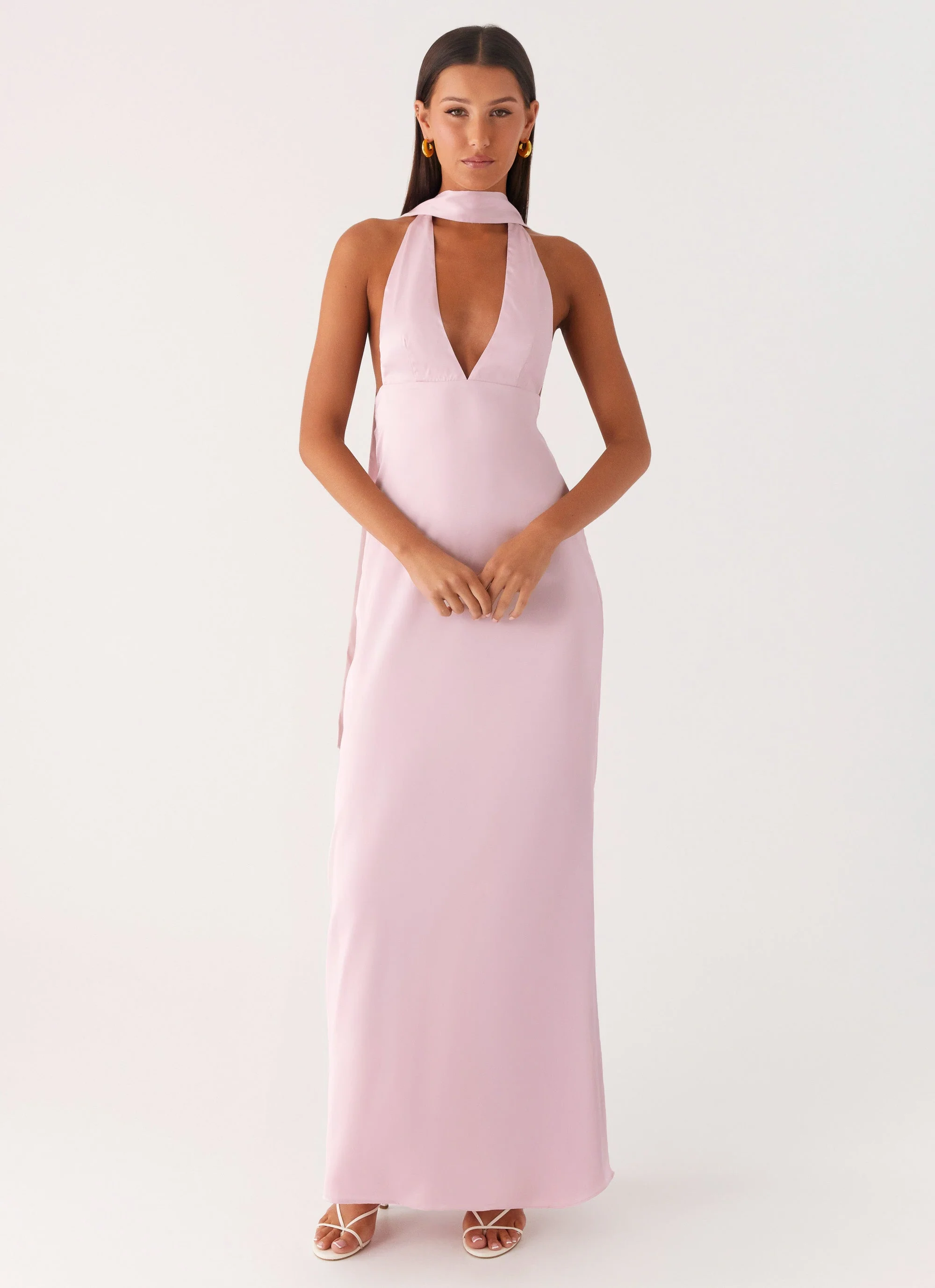 Alicia Satin Halter Maxi Dress - Baby Pink - luluinthesky