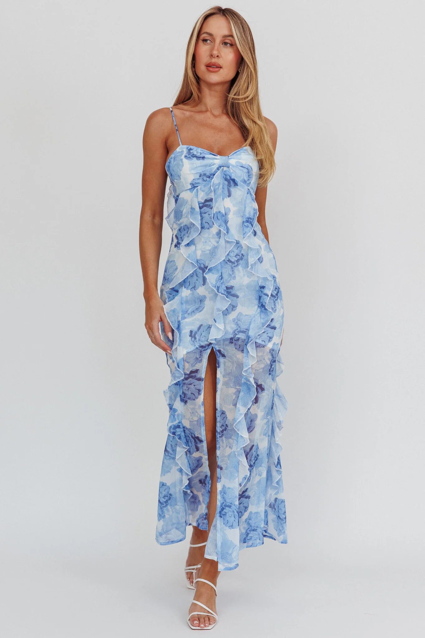 Frannie Vertical Ruffle Maxi Dress Floral Blue - luluinthesky