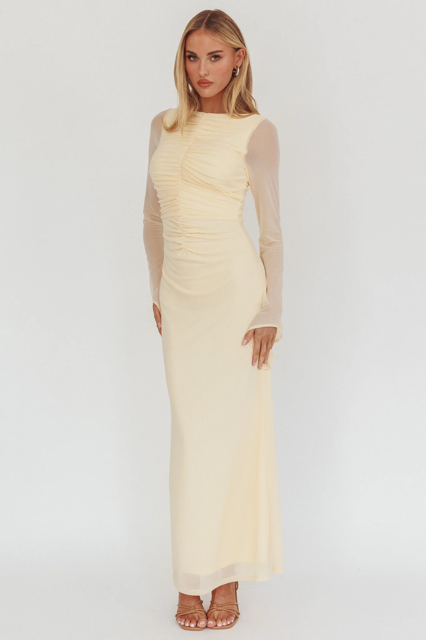 Luna Love Long Sleeve Mesh Maxi Dress Cream - luluinthesky