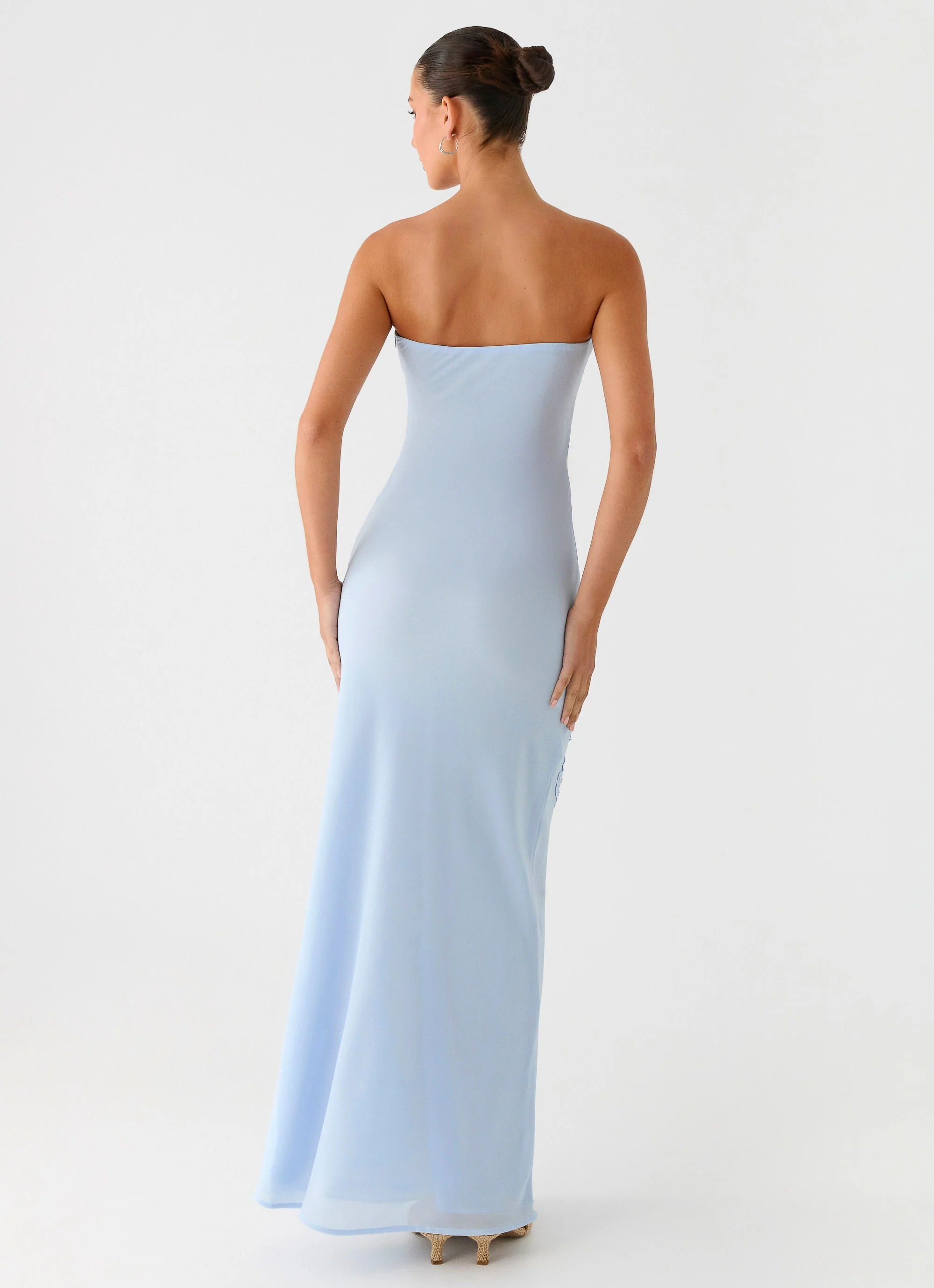 Sassafras Beaded Flower Strapless Maxi Dress - Blue - luluinthesky