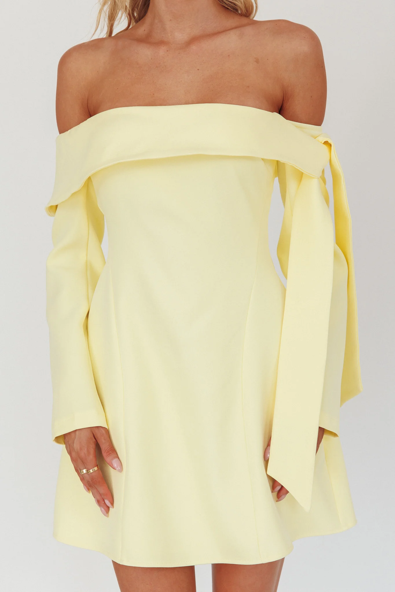 Aurora Sky Off-Shoulder Tie Mini Dress Lemon - luluinthesky