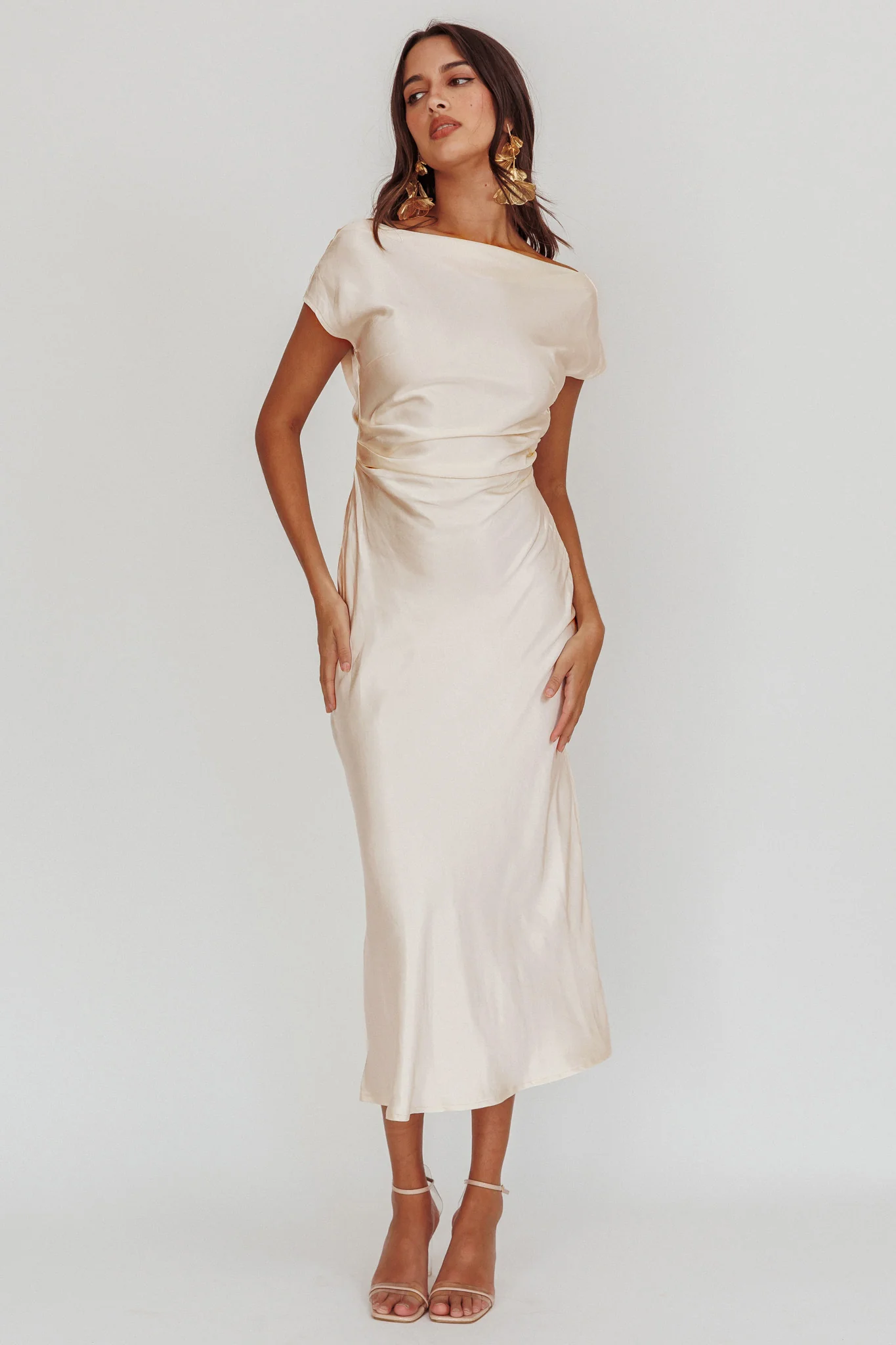 Loveland Cap Sleeve Cowl Back Midi Dress Oyster - luluinthesky