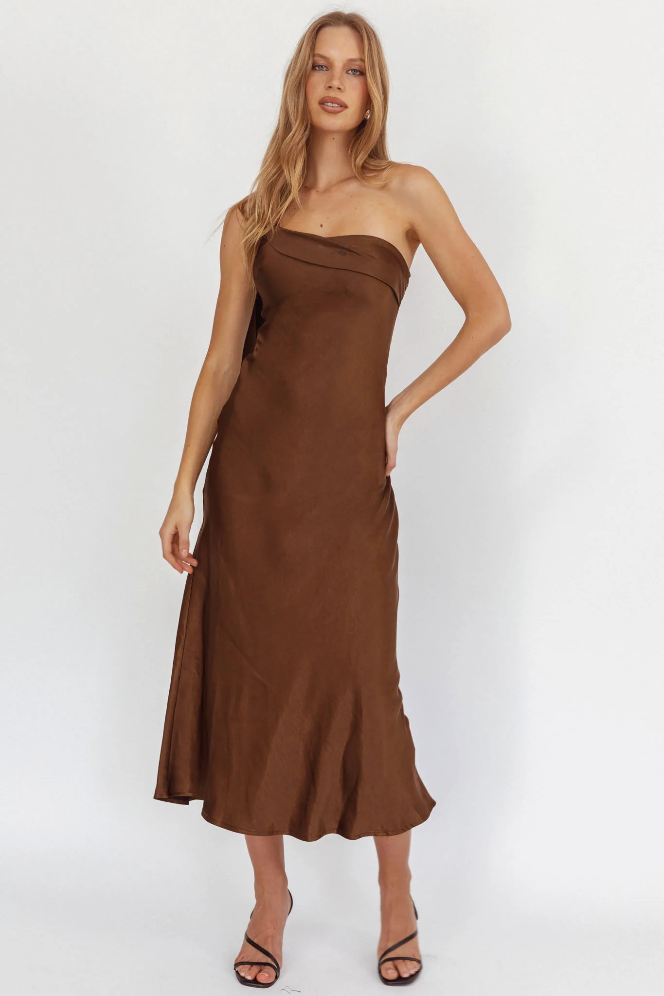 Carmel One-Shoulder Sash Maxi Dress Chocolate - luluinthesky