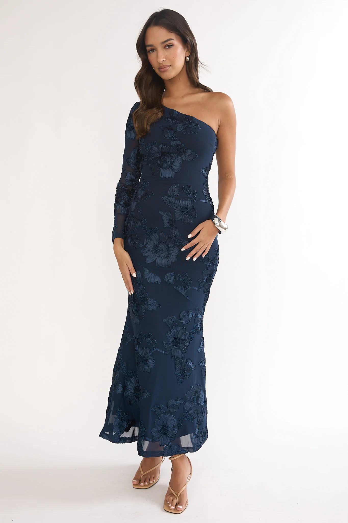 Deanna One-Shoulder Sleeve Maxi Dress Embellished Navy - luluinthesky
