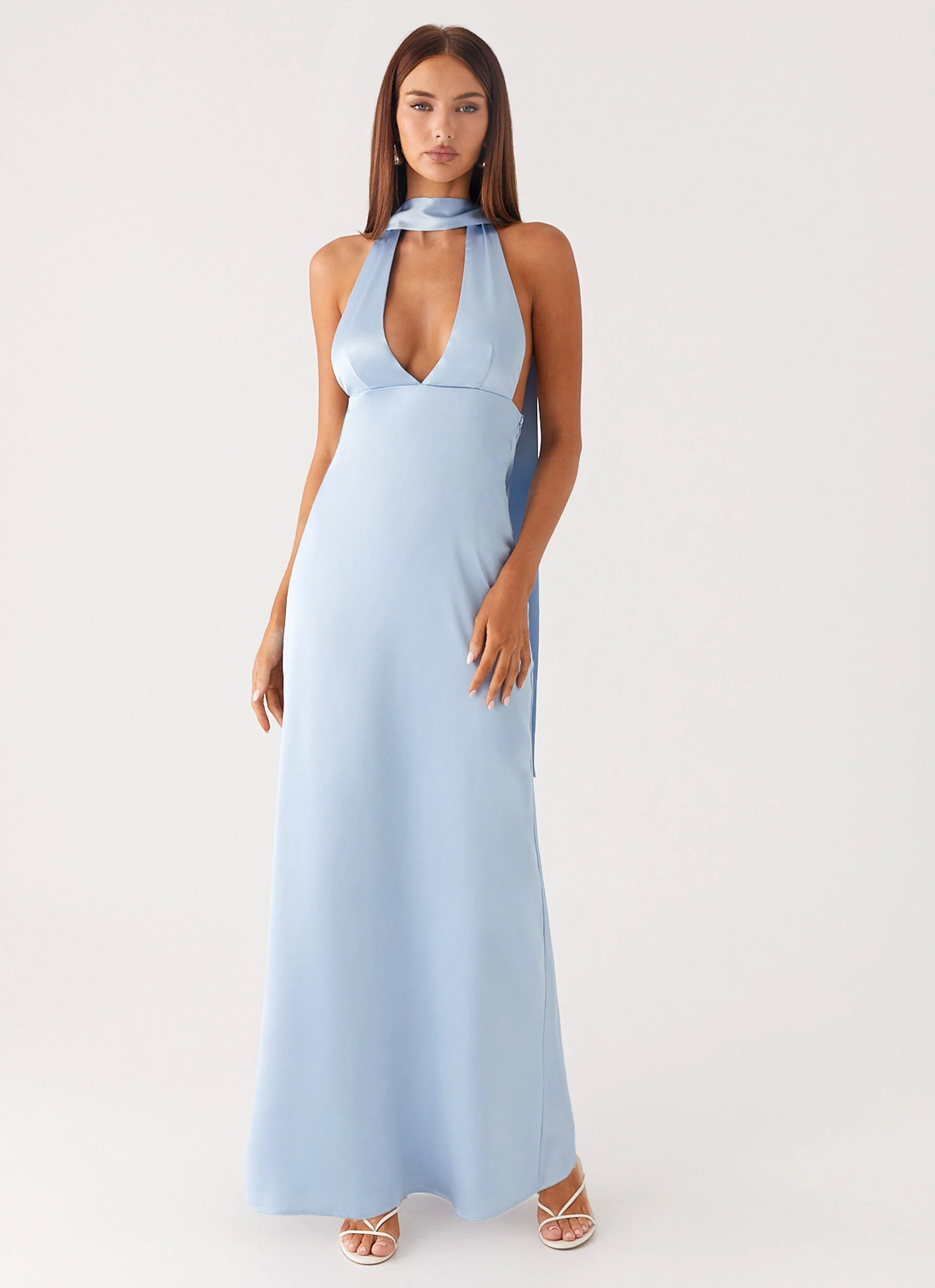 Alicia Satin Halter Maxi Dress - Baby Blue - luluinthesky