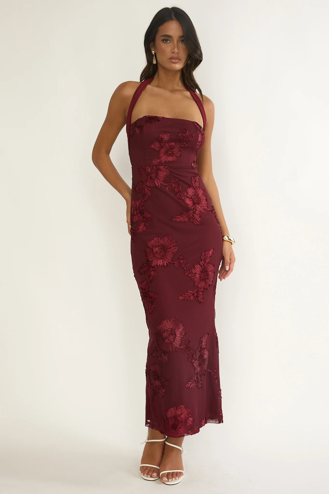Serenya Halterneck Embellished Maxi Dress Wine - luluinthesky