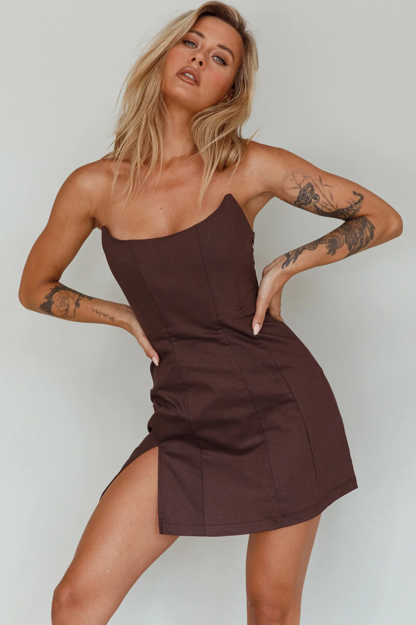Luann Scoop Neckline Strapless Mini Dress Brown - luluinthesky