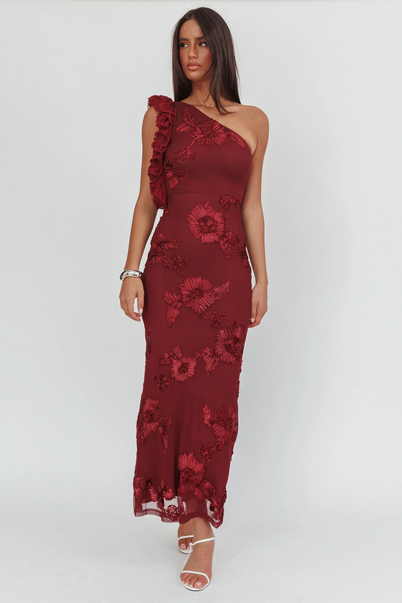 Deanna One-Shoulder Ruffle Maxi Dress Floral Texture Wine - luluinthesky