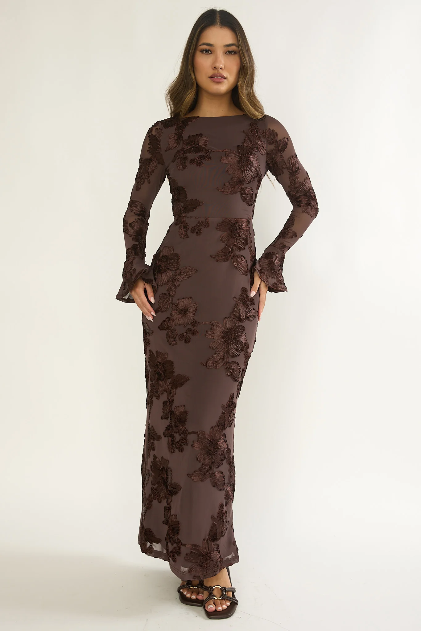 Helsi Long Sleeve Embellished Maxi Dress Brown - luluinthesky