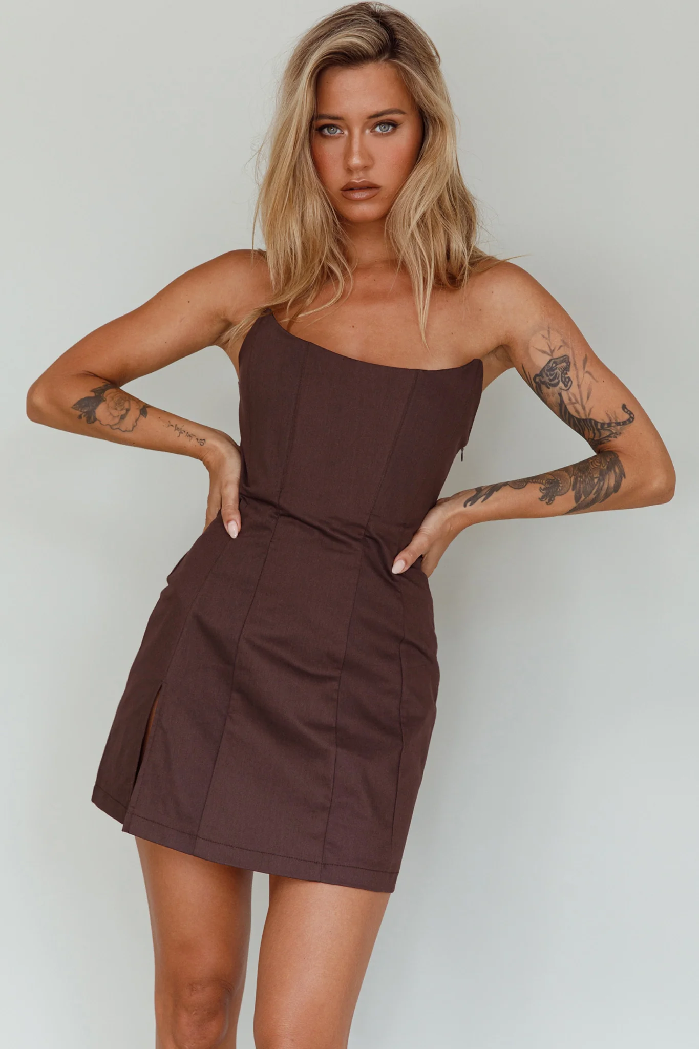Luann Scoop Neckline Strapless Mini Dress Brown - luluinthesky