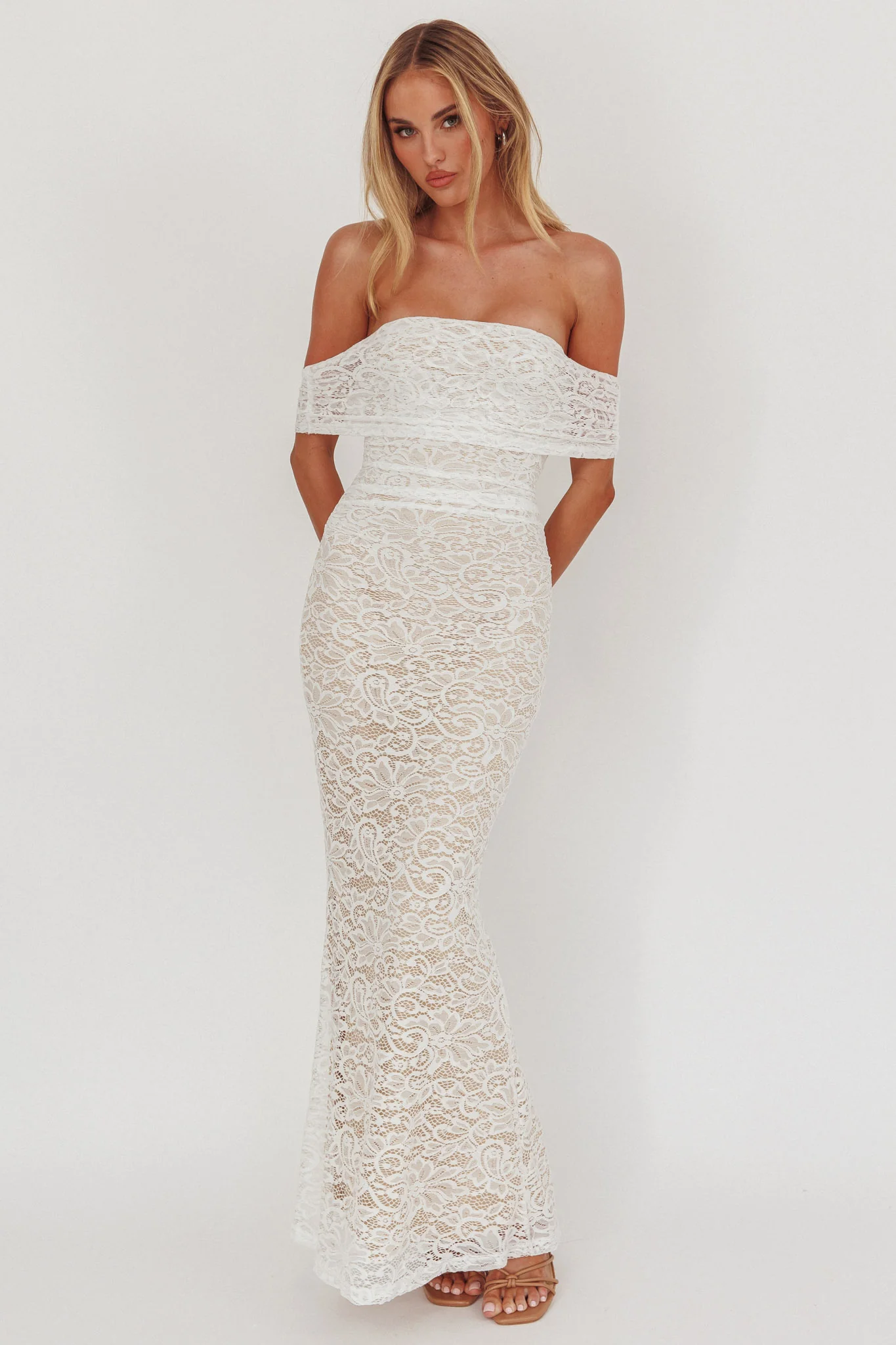 Flutters Off-Shoulder Lace Maxi Dress White - luluinthesky