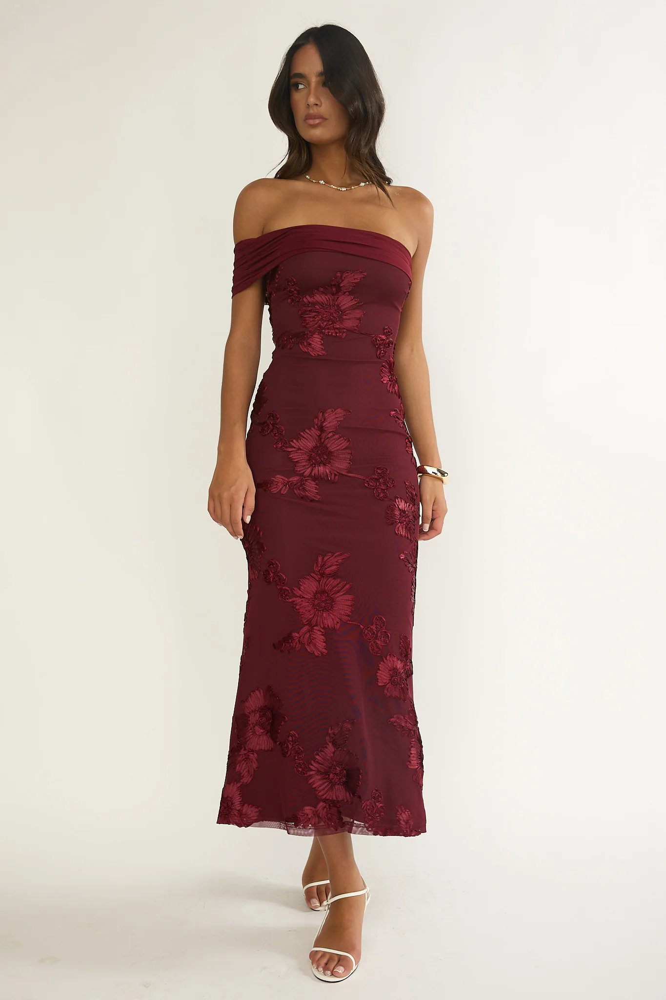 Gala One-Shoulder Maxi Dress Embellished Wine - luluinthesky