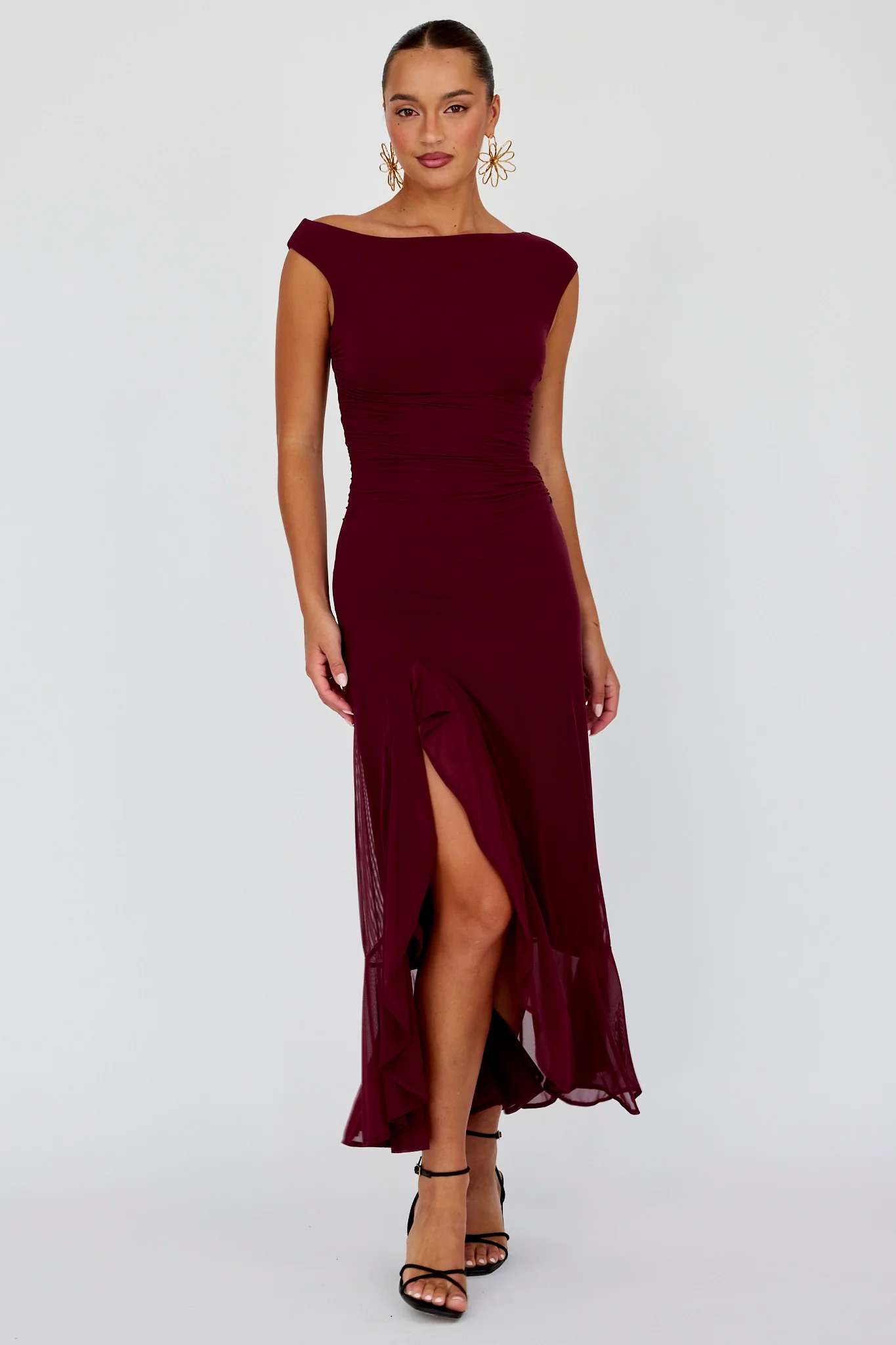 Moonlit Magic Asymmetric Neckline Maxi Dress Wine - luluinthesky