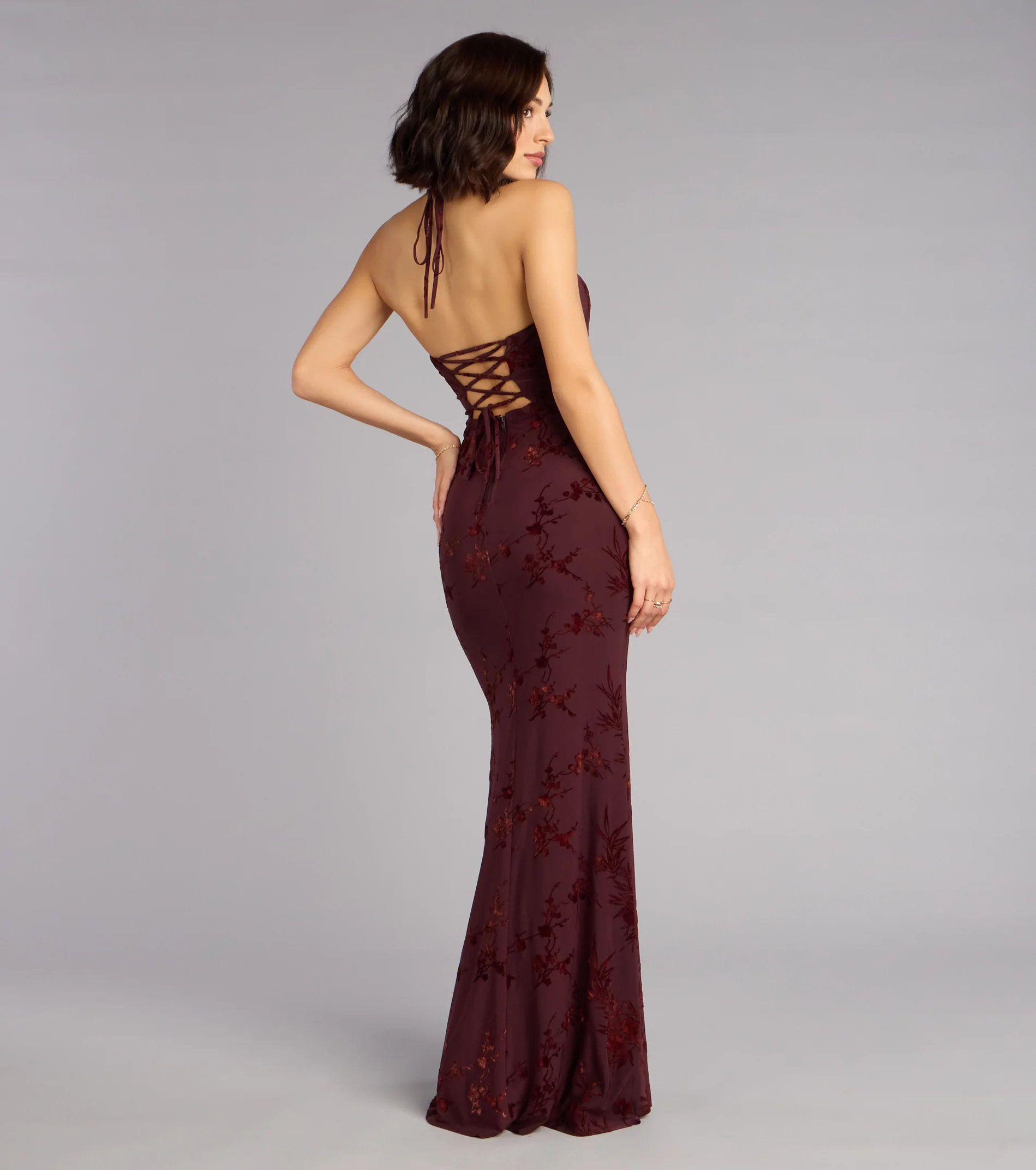 Erin Flocked Velvet Lace-Up Mermaid Formal Dress - luluinthesky