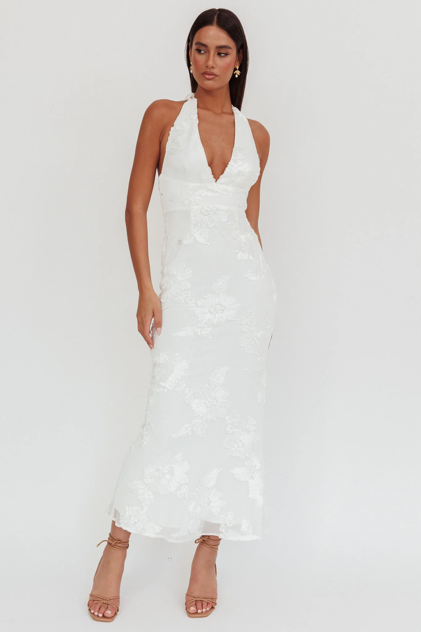 Cipriana Backless Halter Maxi Dress Embellished White - luluinthesky