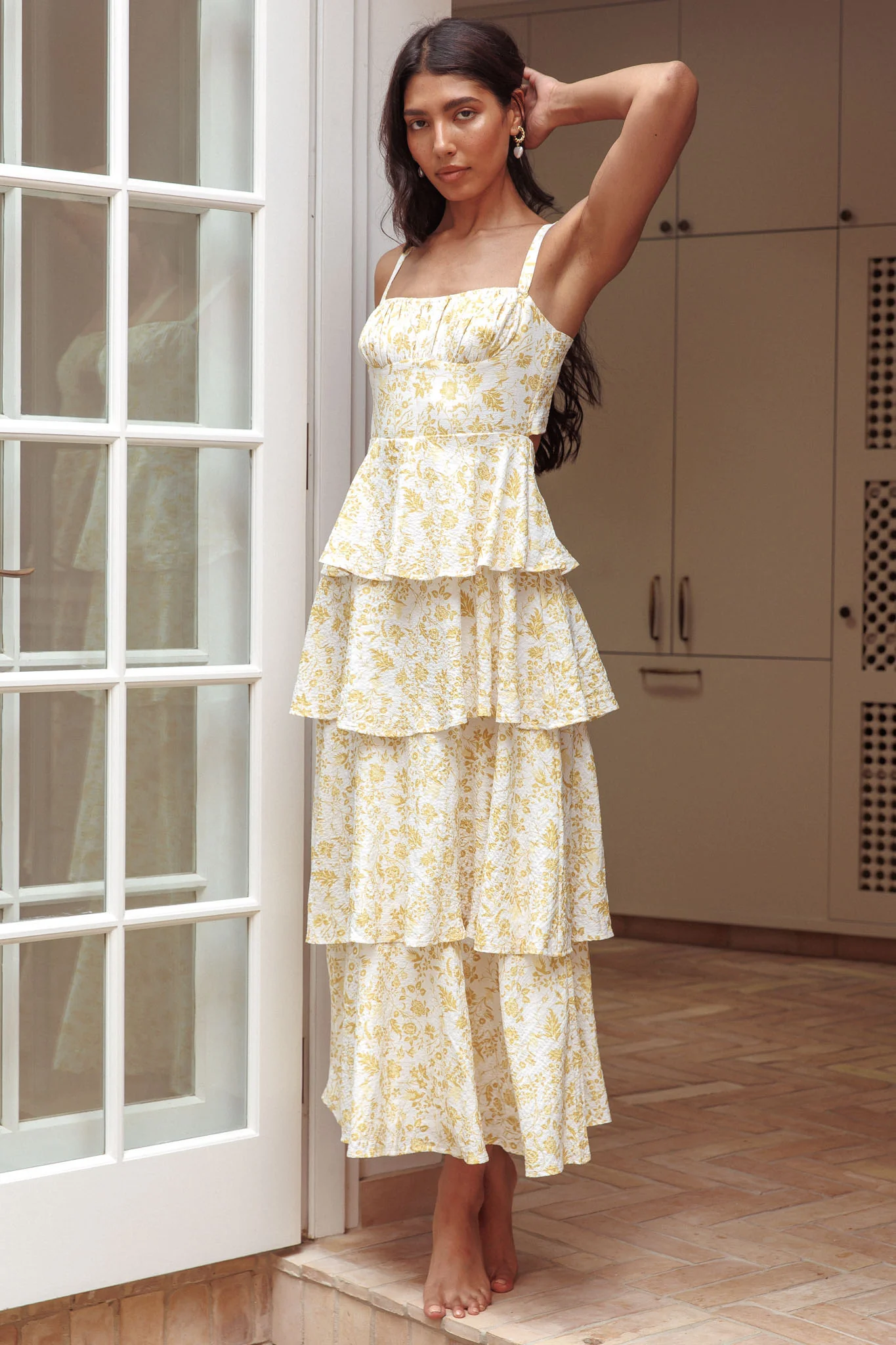 Provence Bloom Tiered Midi Dress Floral Yellow - luluinthesky