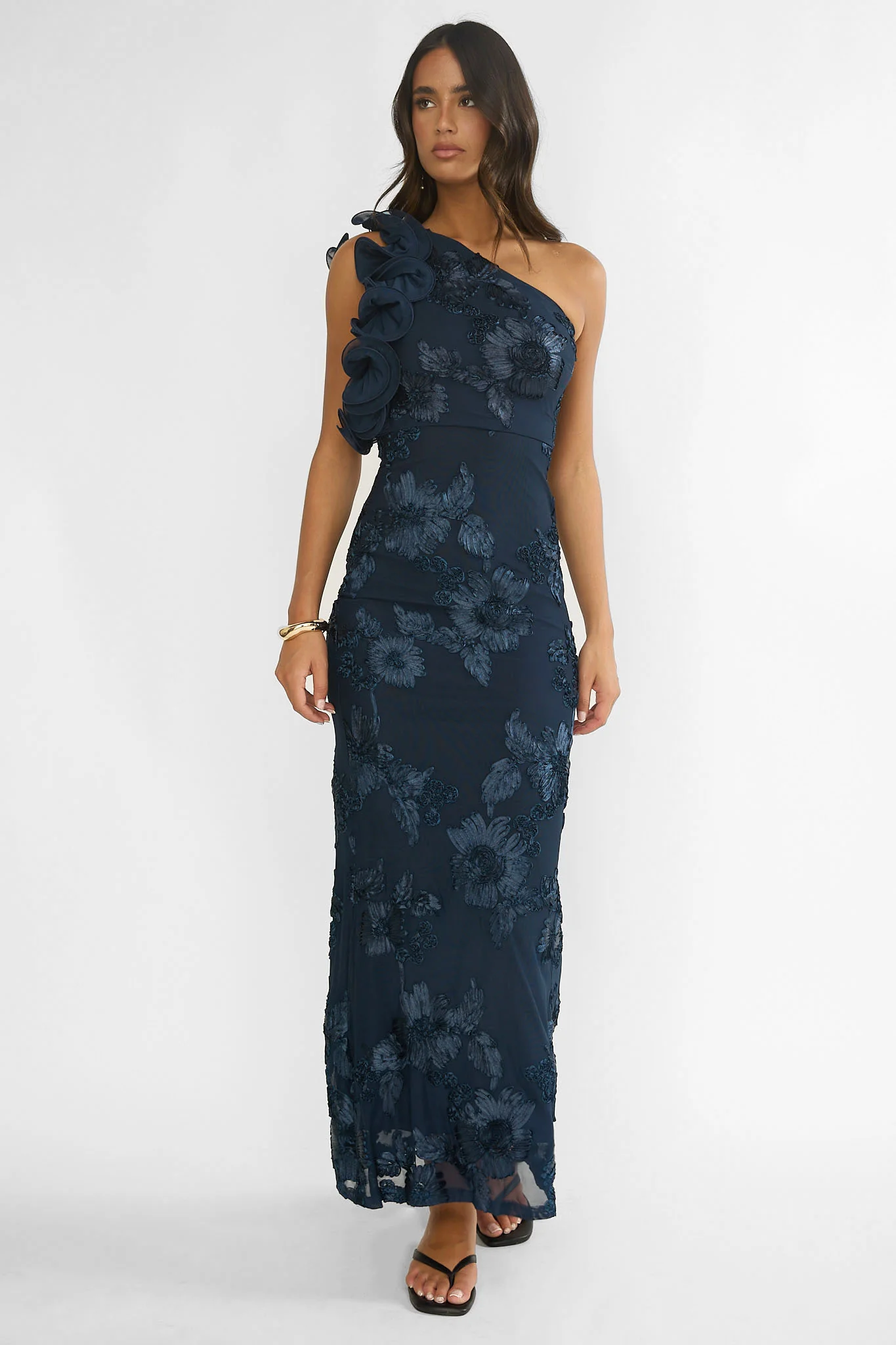 Deanna One-Shoulder Ruffle Maxi Dress Floral Navy - luluinthesky