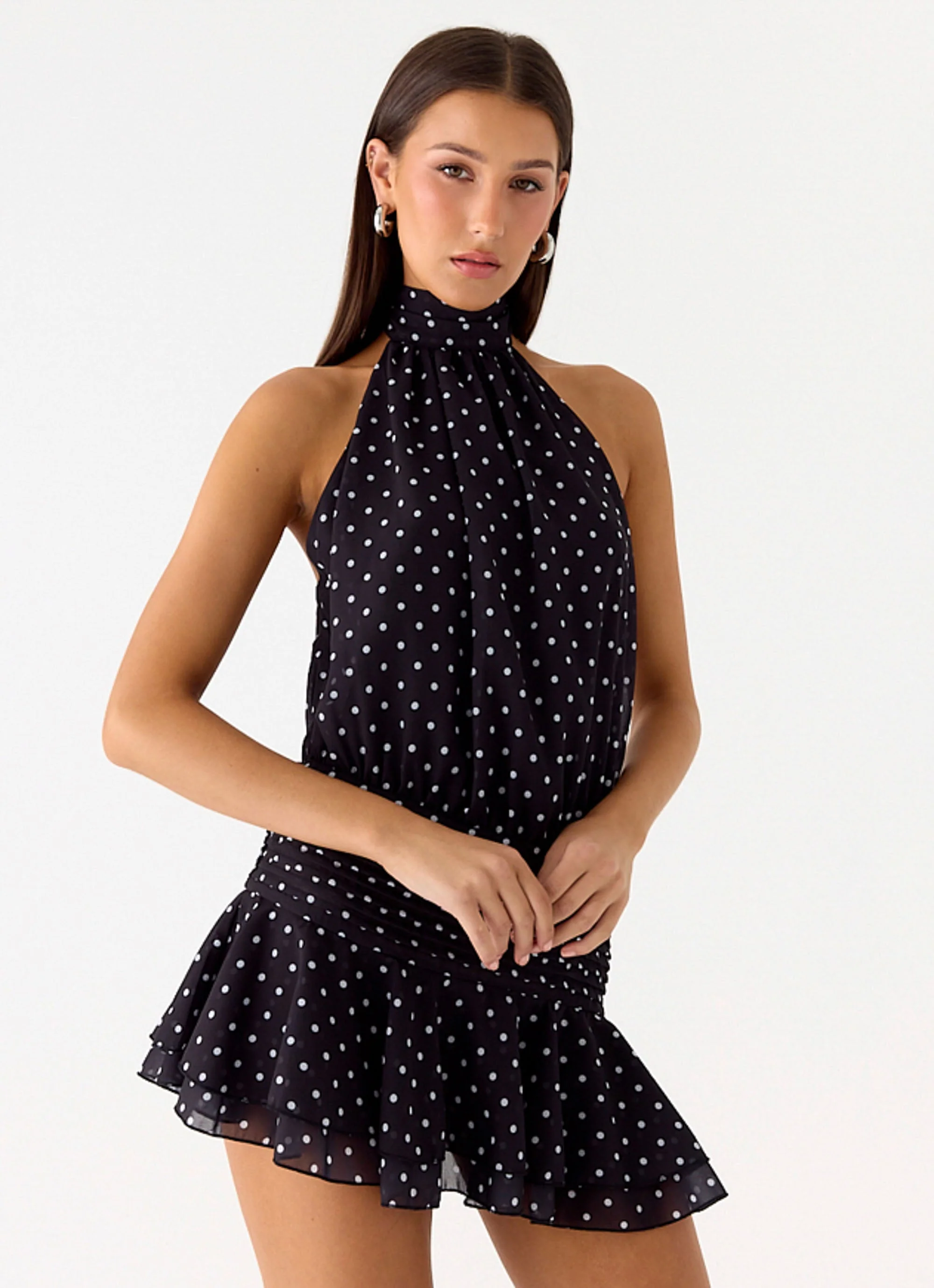 Willow Chiffon Mini Dress - Black Polkadot - luluinthesky