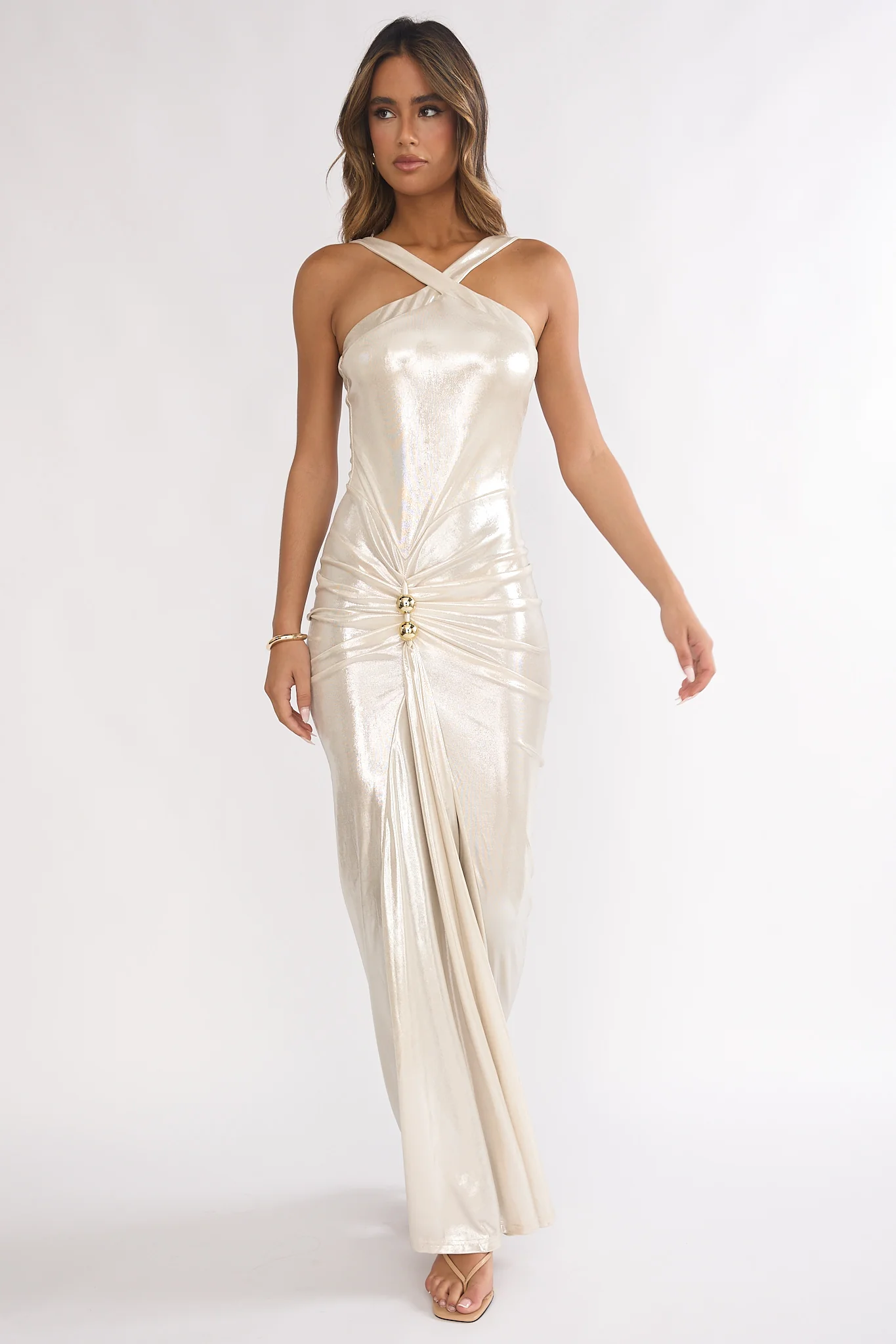 Delaina Ruched Waist Gold Accent Maxi Dress Pearl - luluinthesky