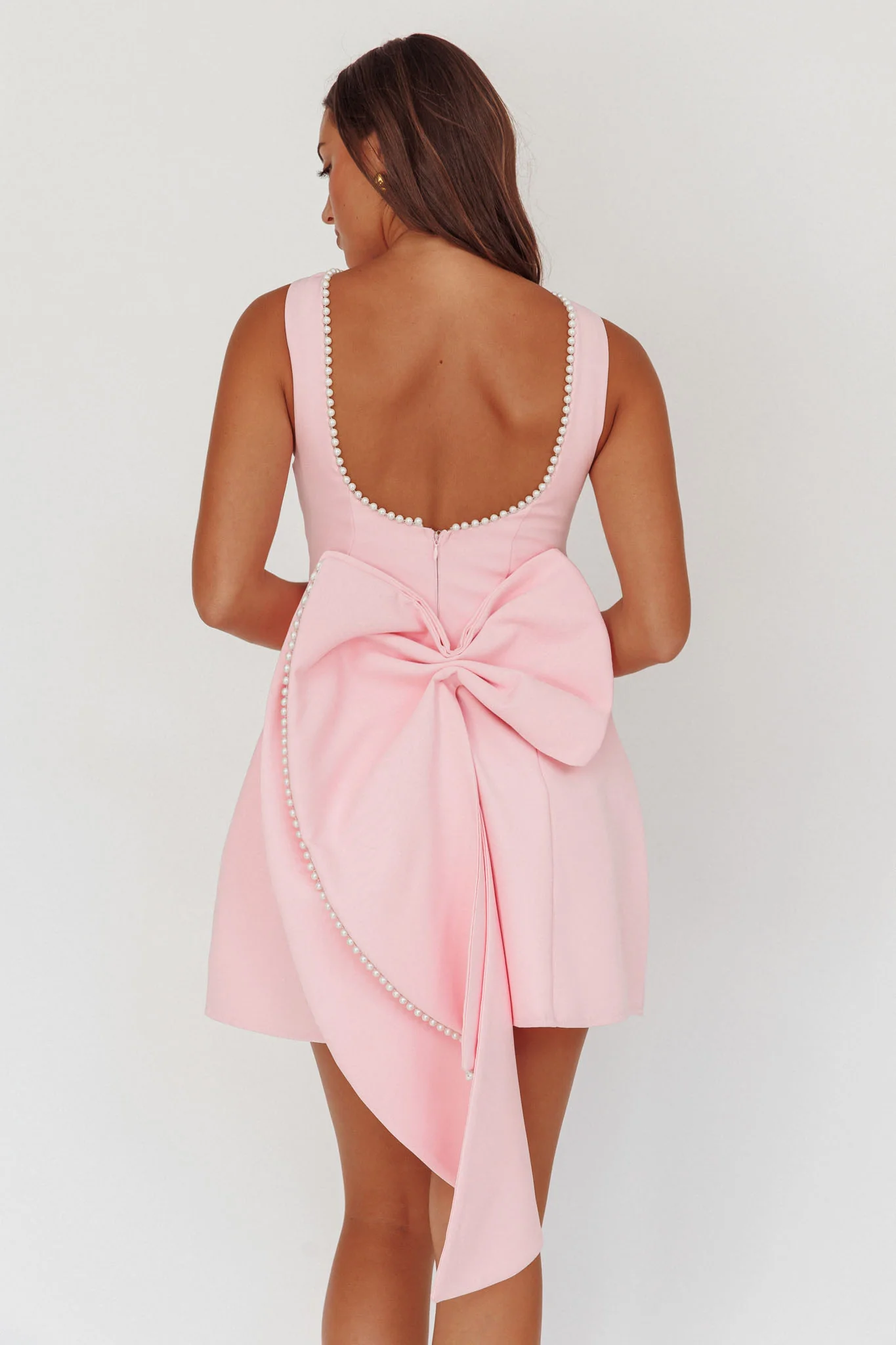 Opulent Pearl Trim Oversized Bow Mini Dress Pink - luluinthesky