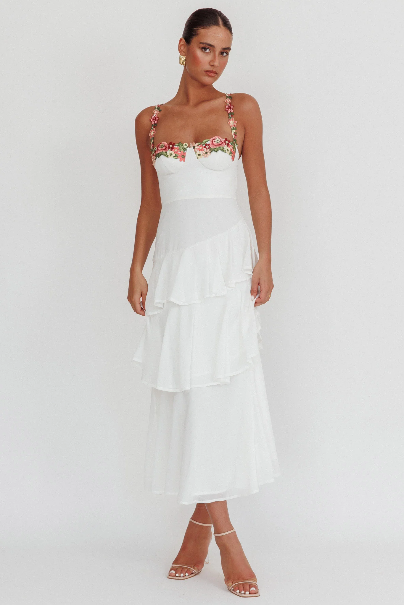 Rose Garden Tiered Ruffle Floral Trim Maxi Dress White - luluinthesky