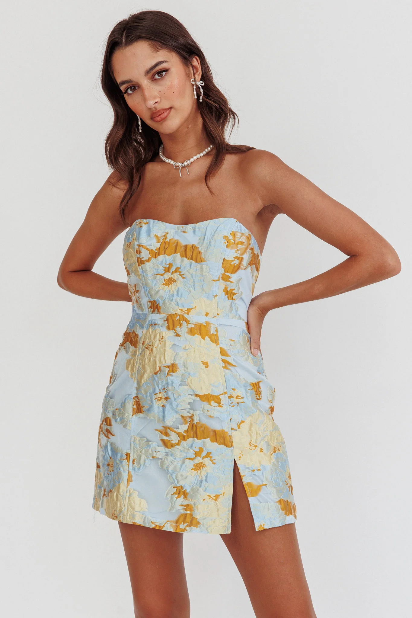 Marlina Strapless Jacquard Mini Dress Blue - luluinthesky