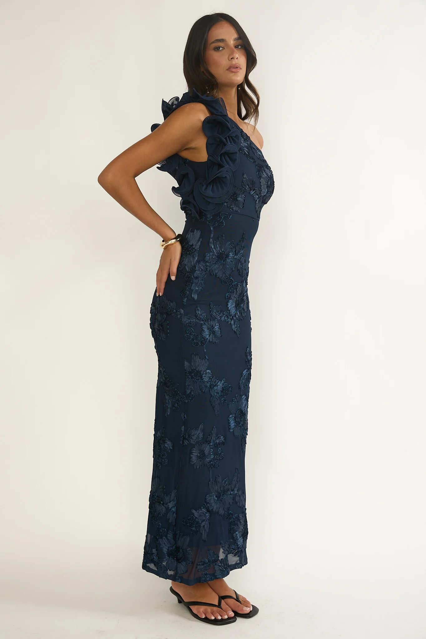 Deanna One-Shoulder Ruffle Maxi Dress Floral Navy - luluinthesky