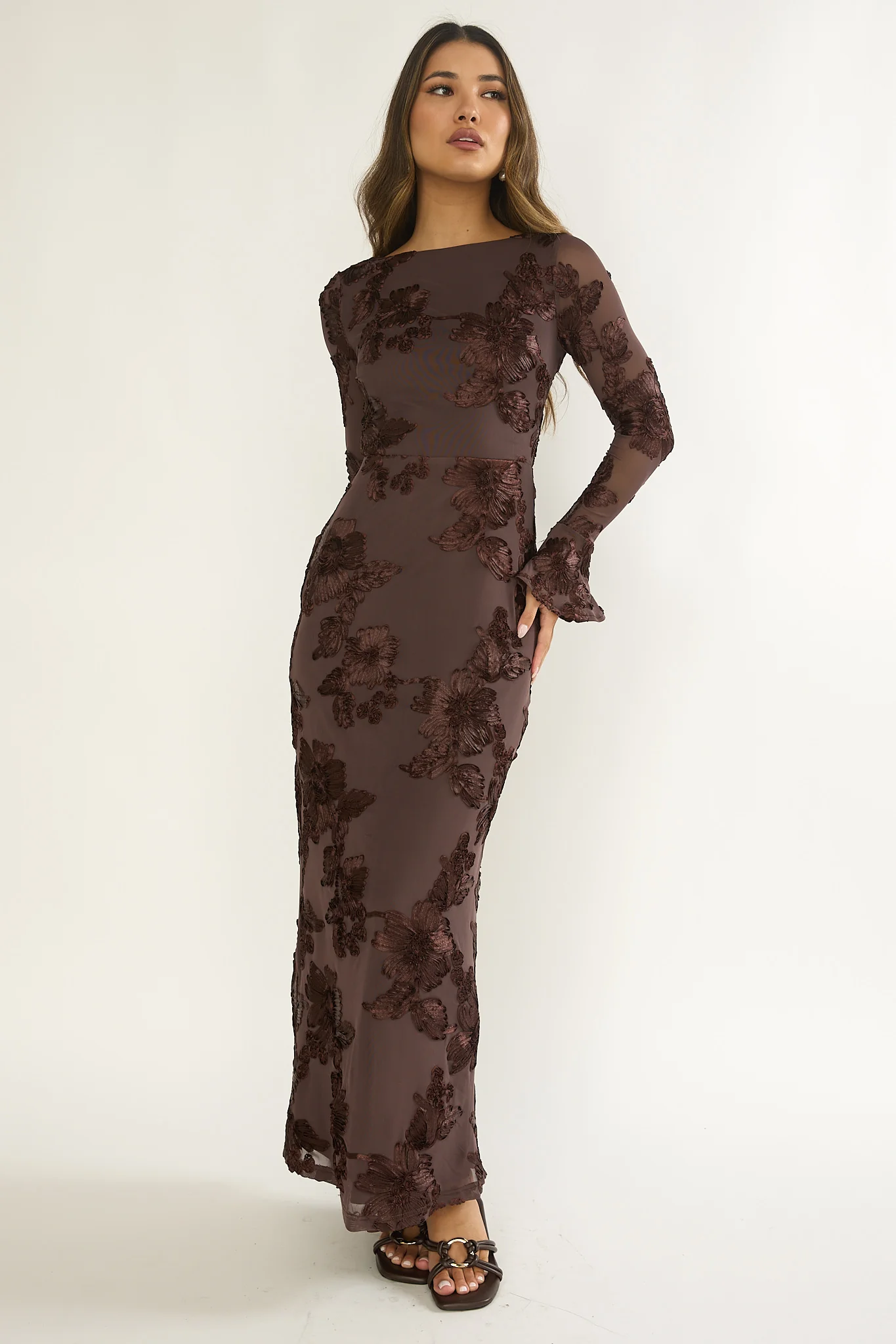 Helsi Long Sleeve Embellished Maxi Dress Brown - luluinthesky