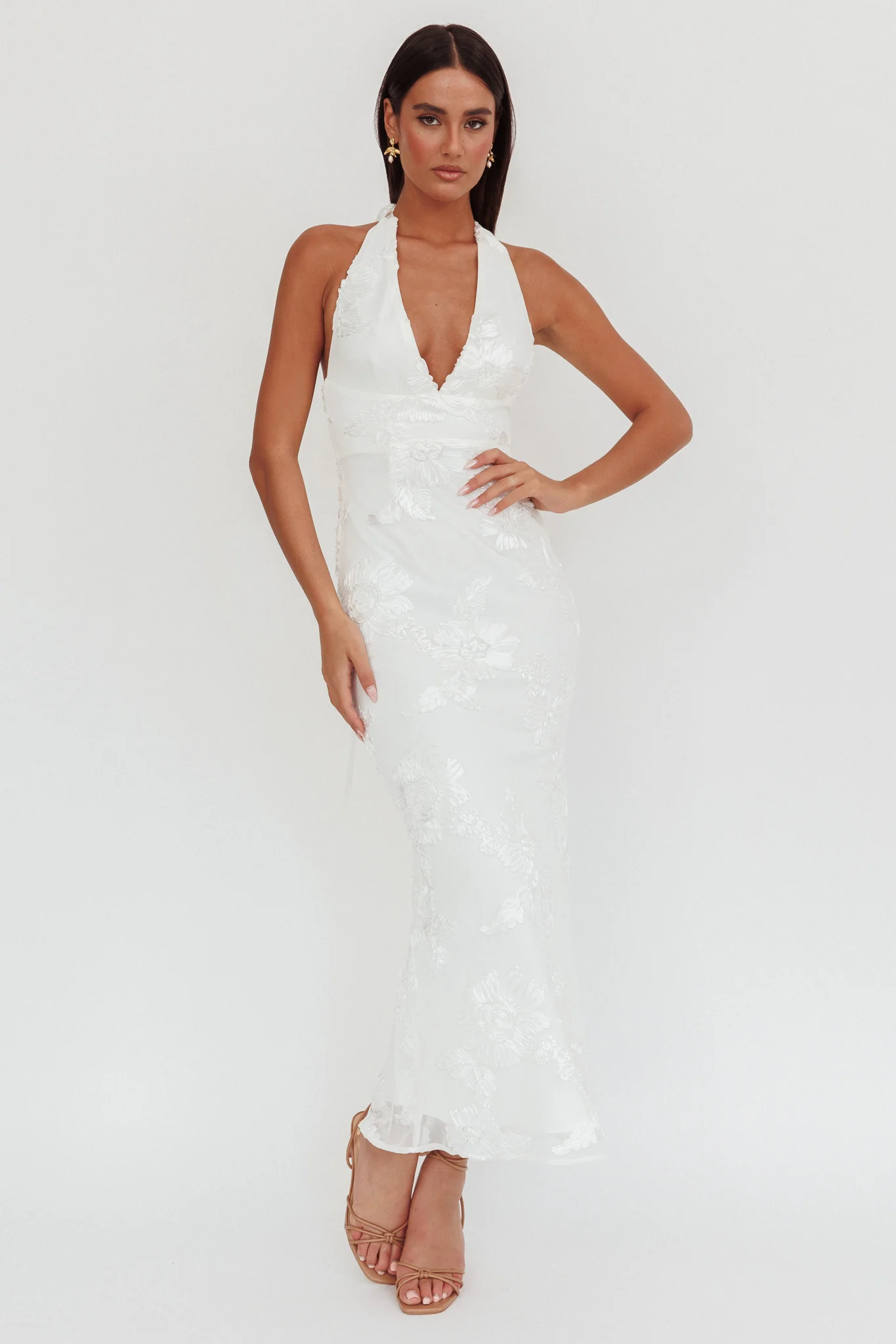 Cipriana Backless Halter Maxi Dress Embellished White - luluinthesky