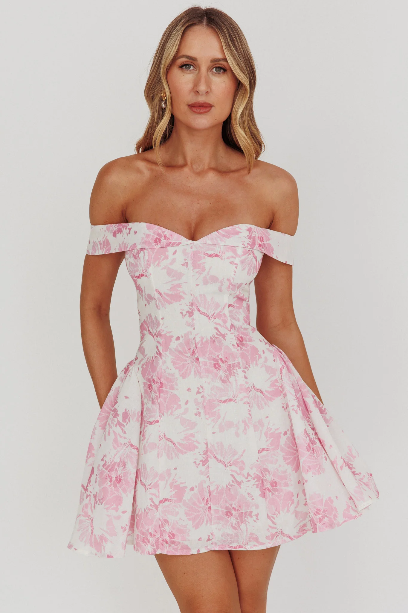 Courting Off-Shoulder Mini Dress Floral Pink - luluinthesky