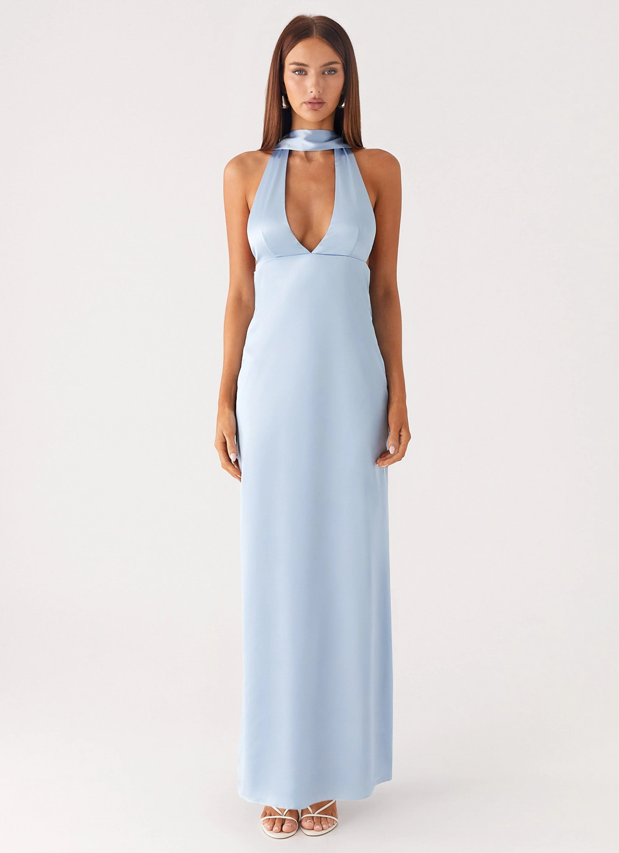 Alicia Satin Halter Maxi Dress - Baby Blue - luluinthesky